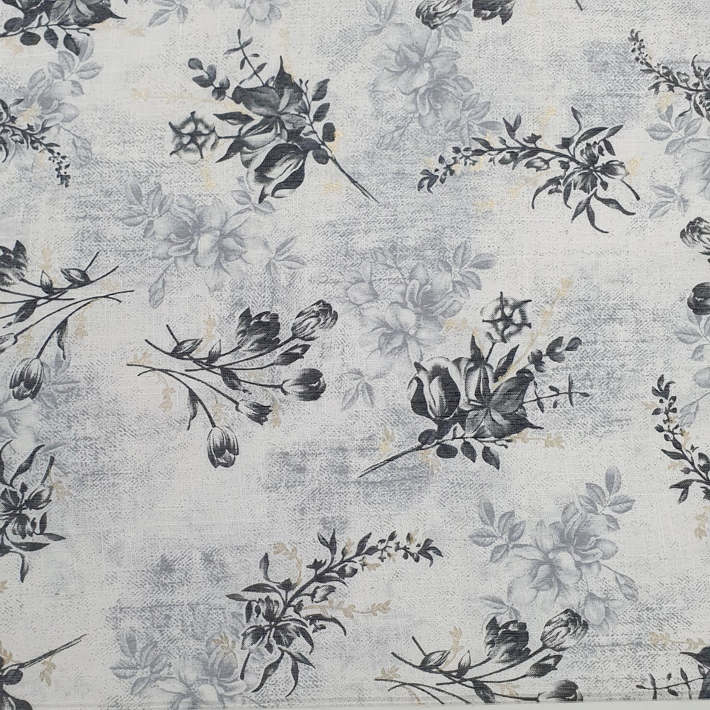 White & Grey Floral With Foil Print Cotton Slub Fabric Trade UNO