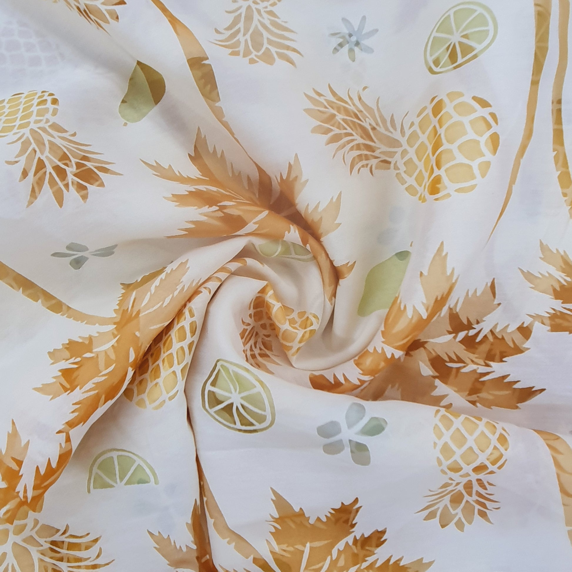 White n Yellow Tropical Print Organza Fabric Trade UNO