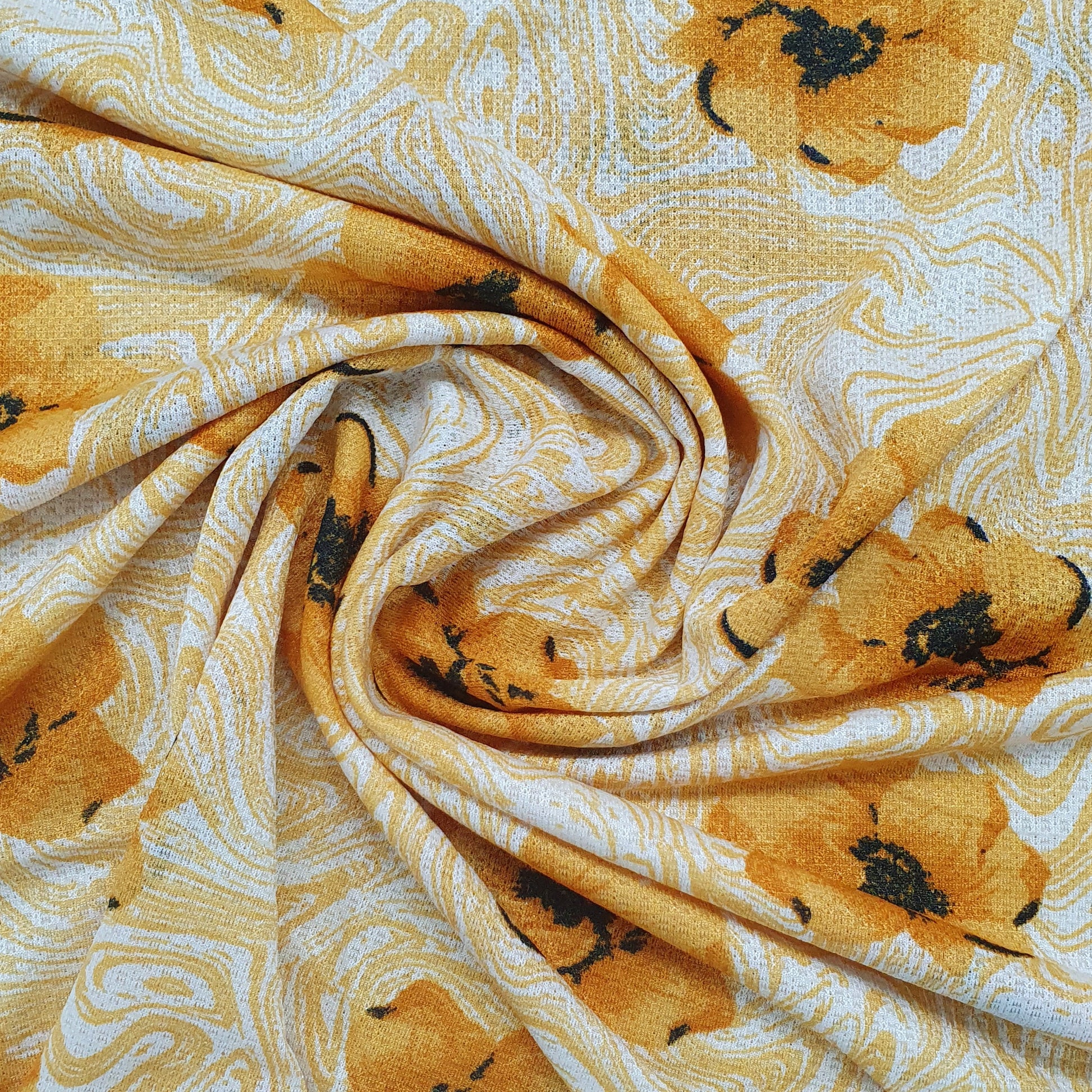 Yellow Floral Print Knitted Lycra Fabric Trade UNO
