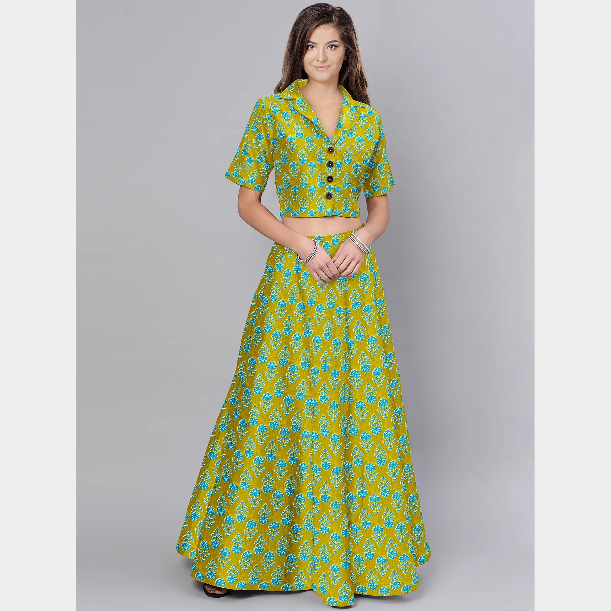 Yellow Floral With Hand Block Print Cotton Fabric Trade UNO