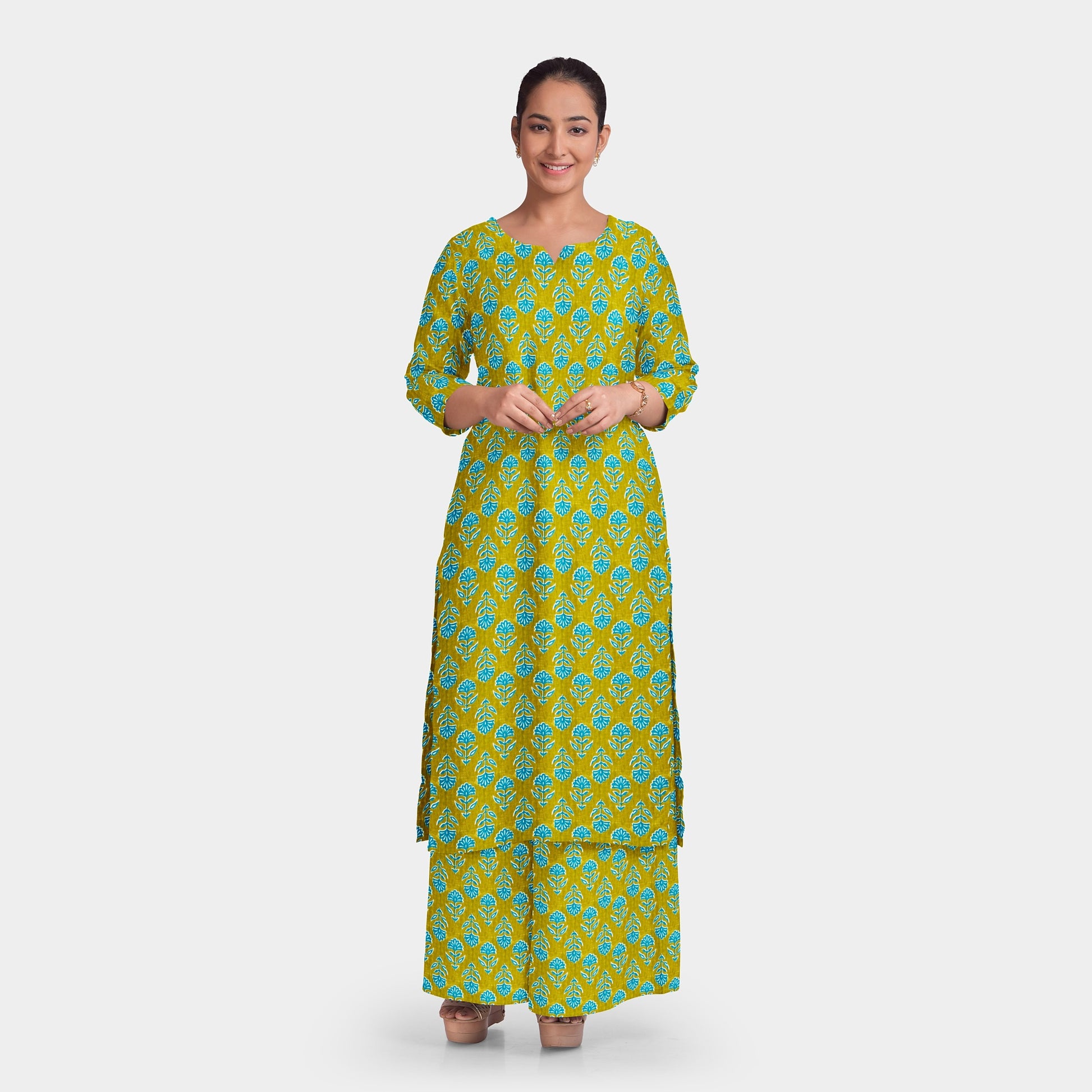 Yellow Floral With Hand Block Print Cotton Fabric Trade UNO
