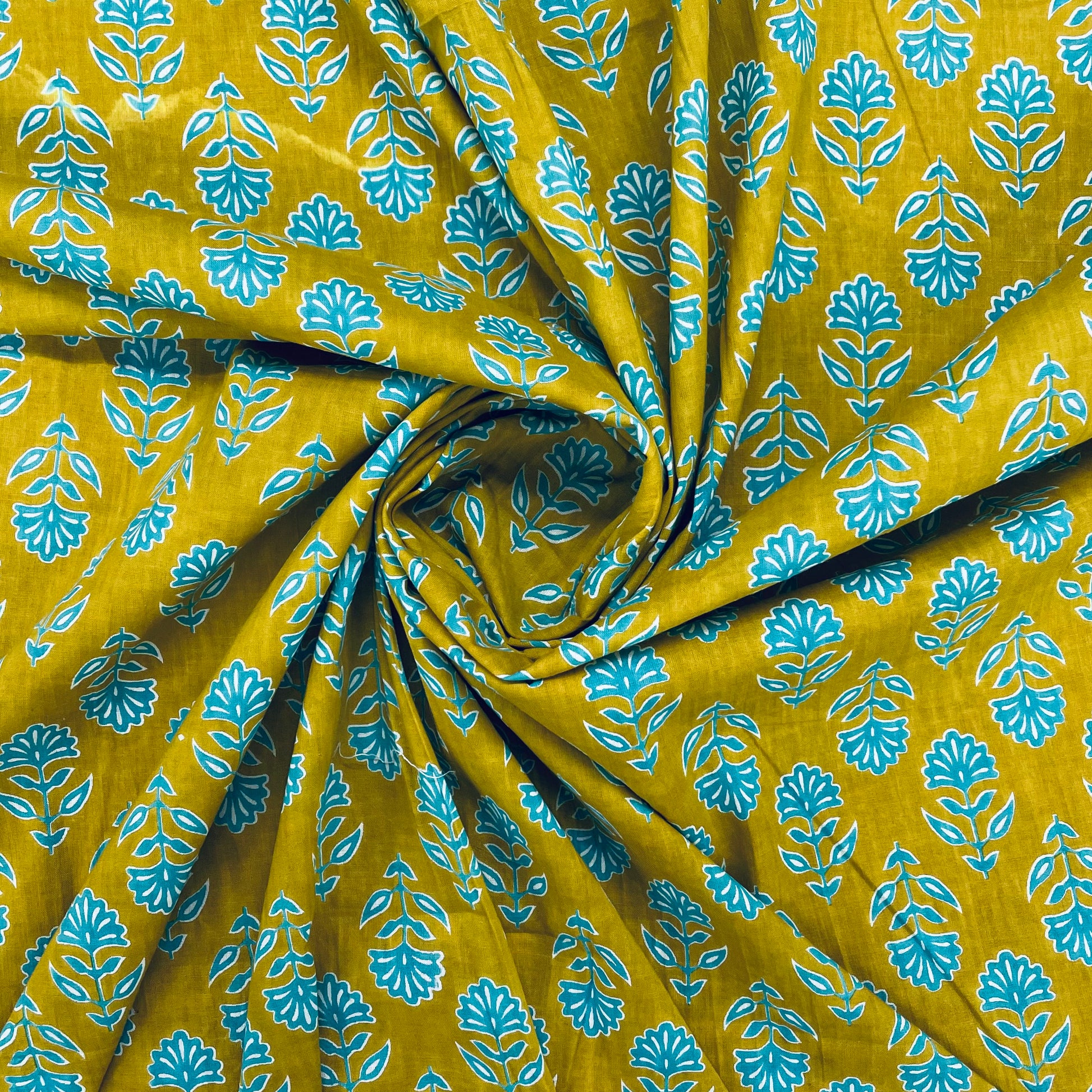 Yellow Floral With Hand Block Print Cotton Fabric Trade UNO