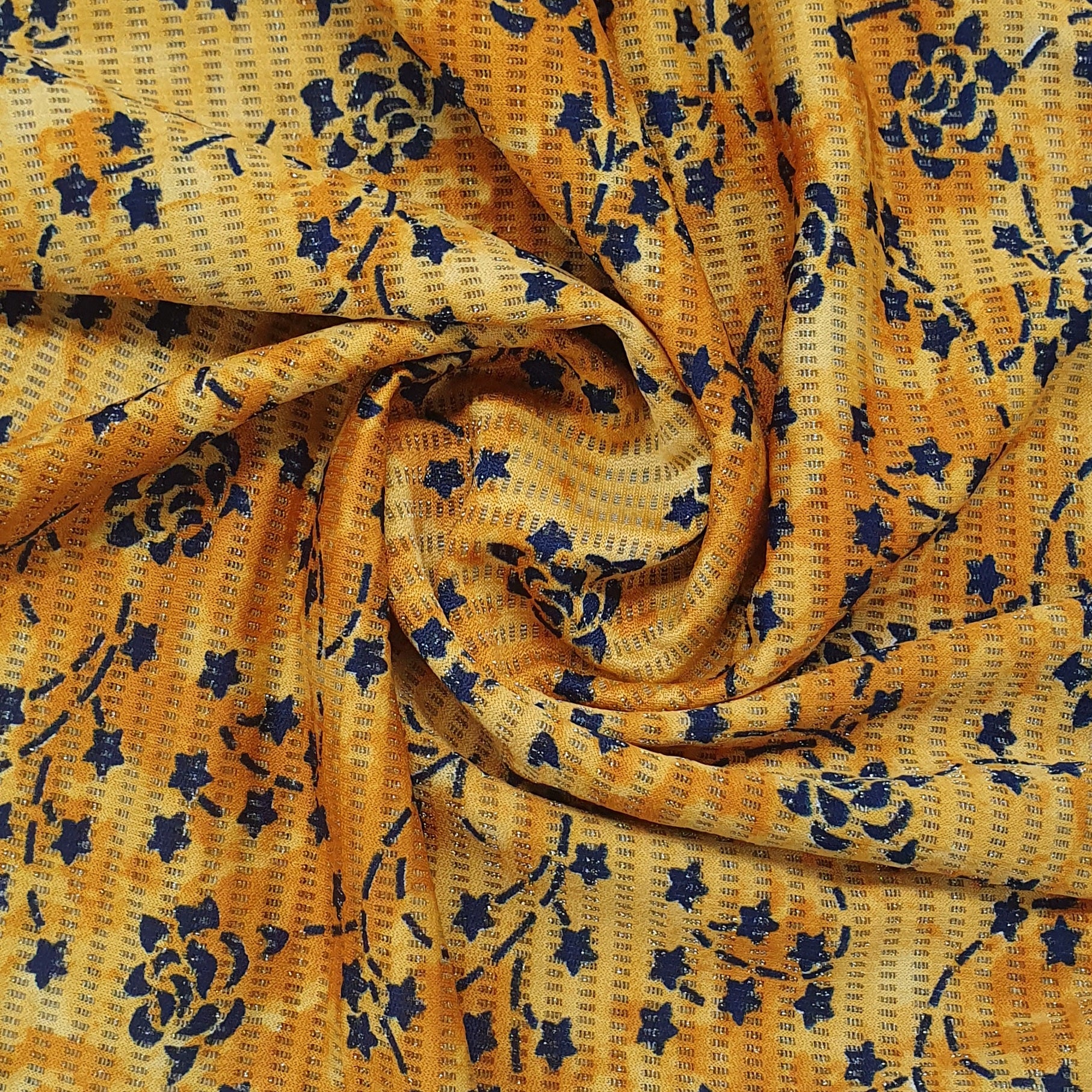 Yellow & Blue Floral Print Knitted Lycra Fabric Trade UNO