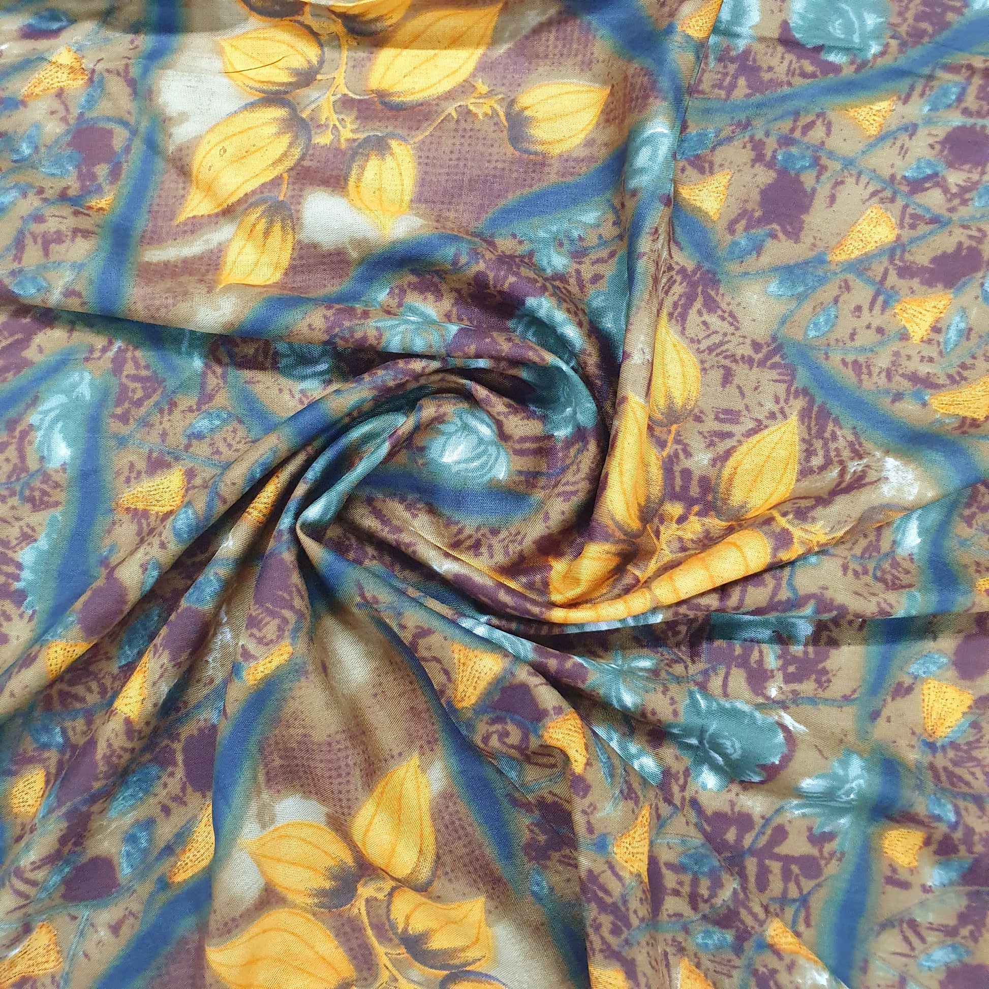 Yellow & Blue Floral Print Poly Rayon Fabric Trade UNO