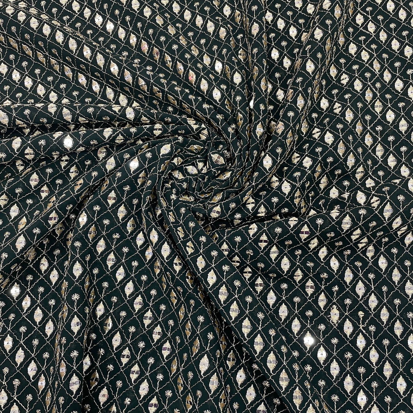 Dark Green Check Embroidery Sequence Georgette Fabric - TradeUNO