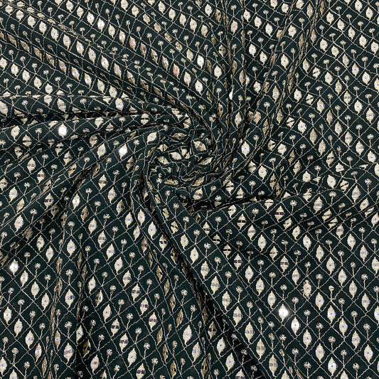 Dark Green Check Embroidery Sequence Georgette Fabric
