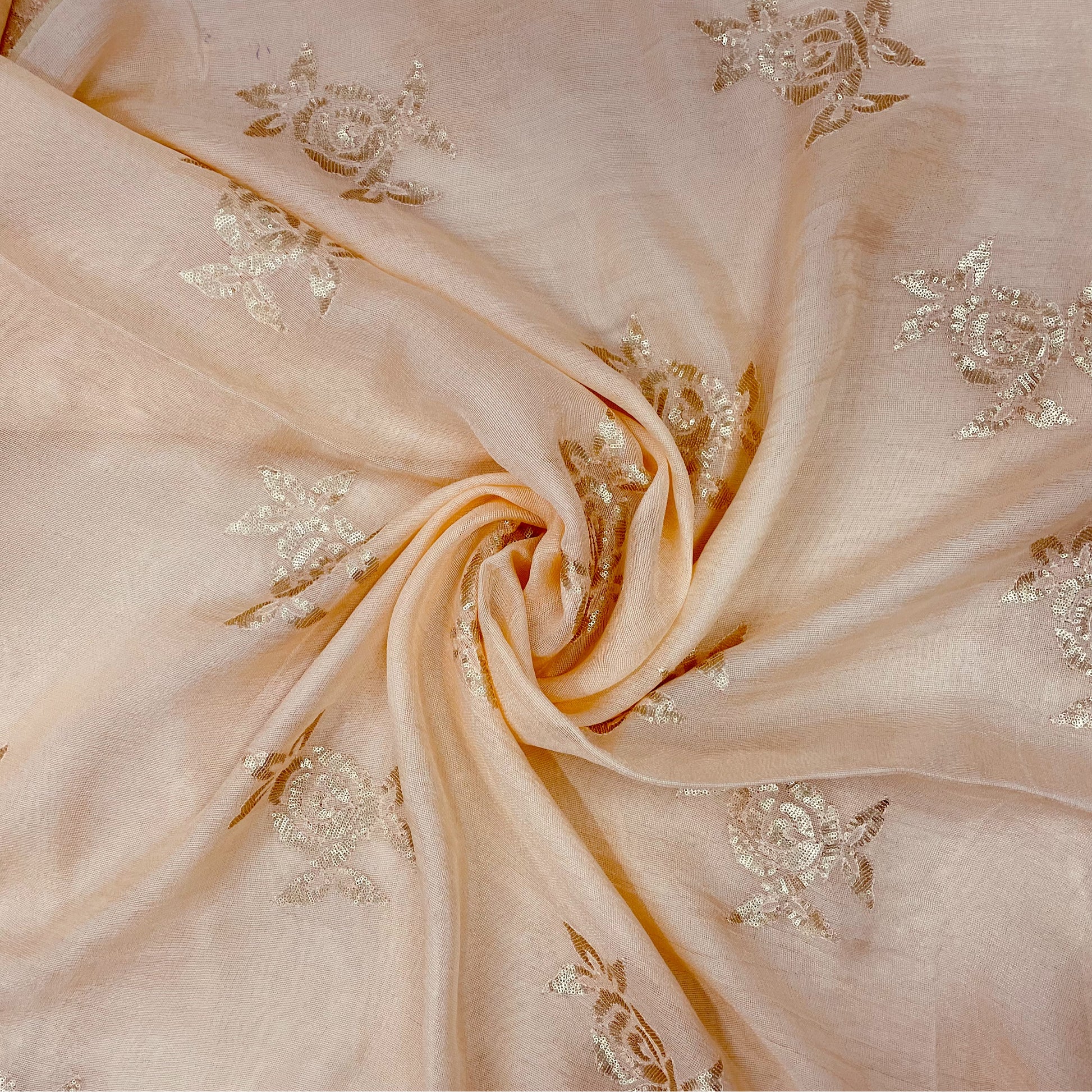 Peach Floral Embroidery Sequence Georgette Fabric - TradeUNO