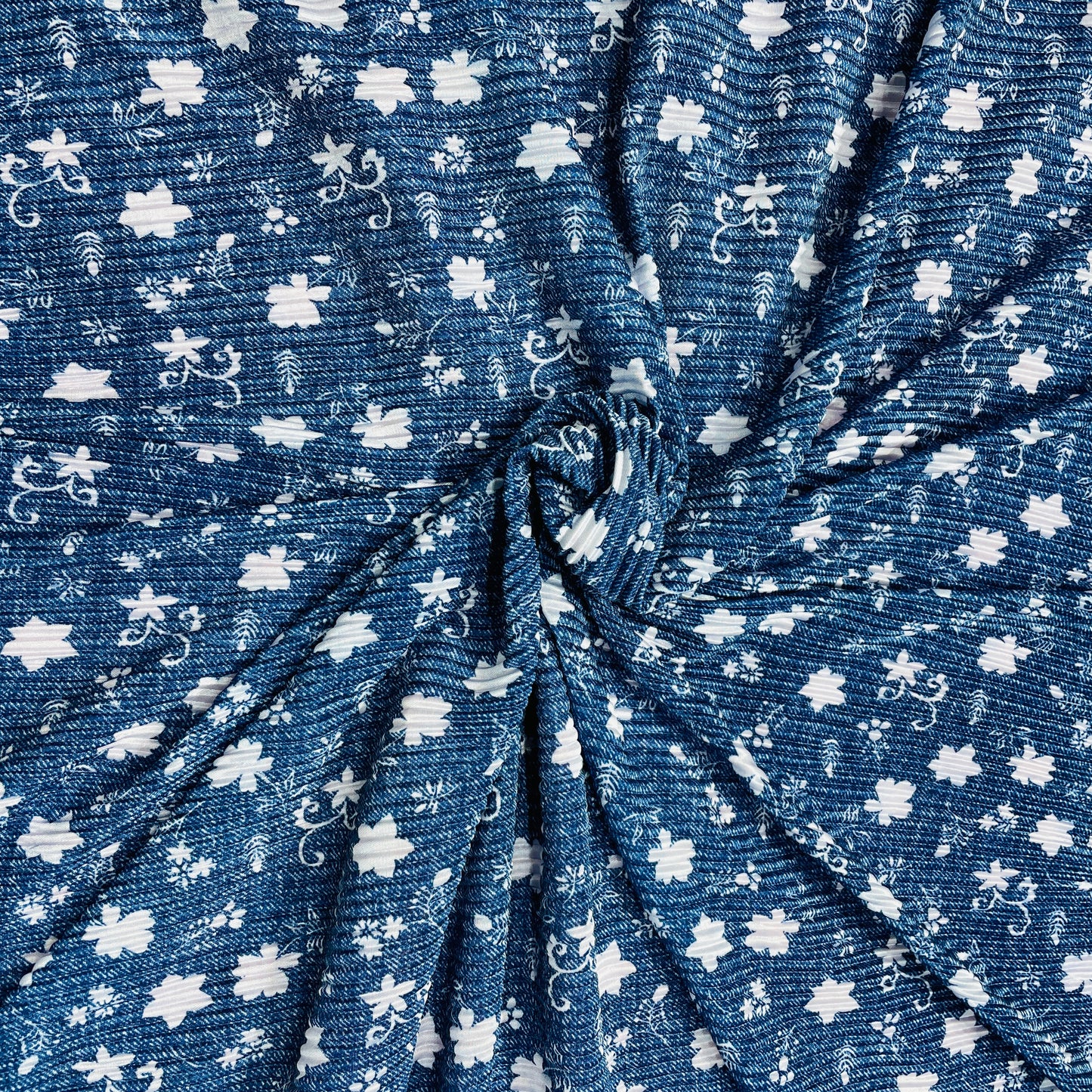 Navy Blue Floral Pleated Knitted Satin Fabric - TradeUNO