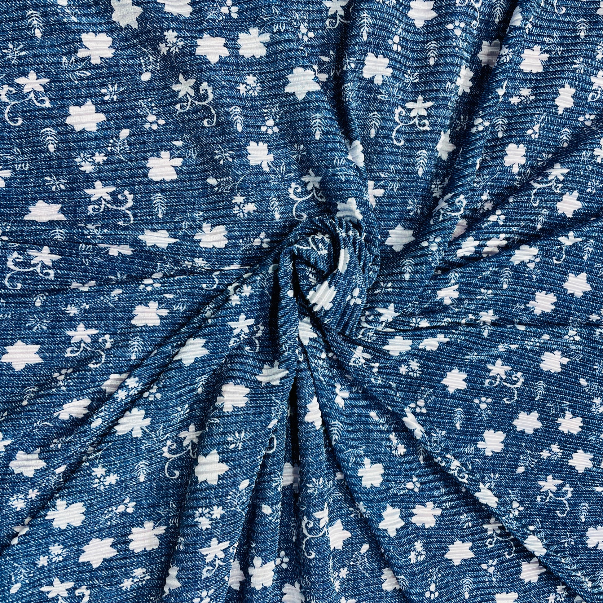 Navy Blue Floral Pleated Knitted Satin Fabric - TradeUNO
