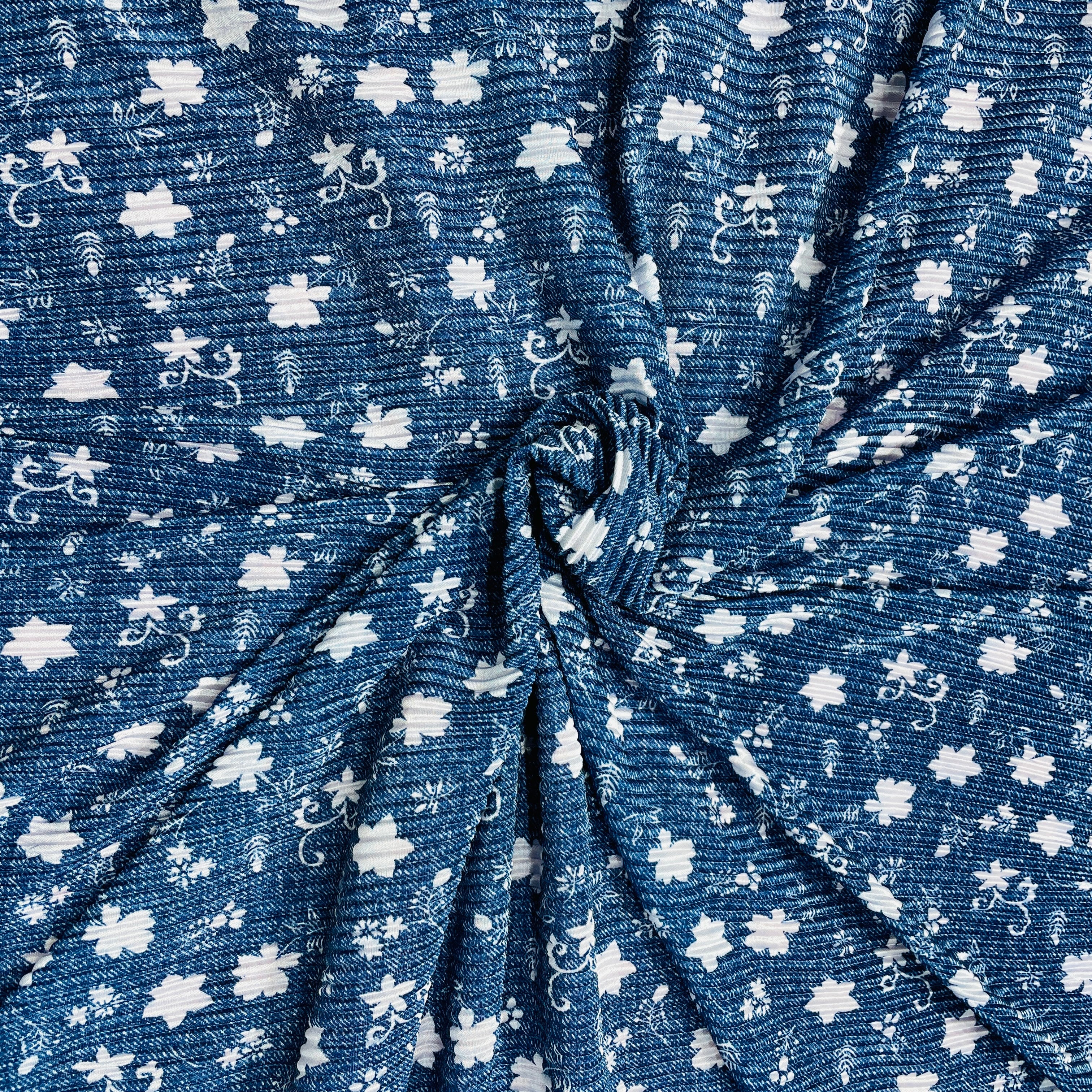 Navy Blue Floral Pleated Knitted Satin Fabric - TradeUNO