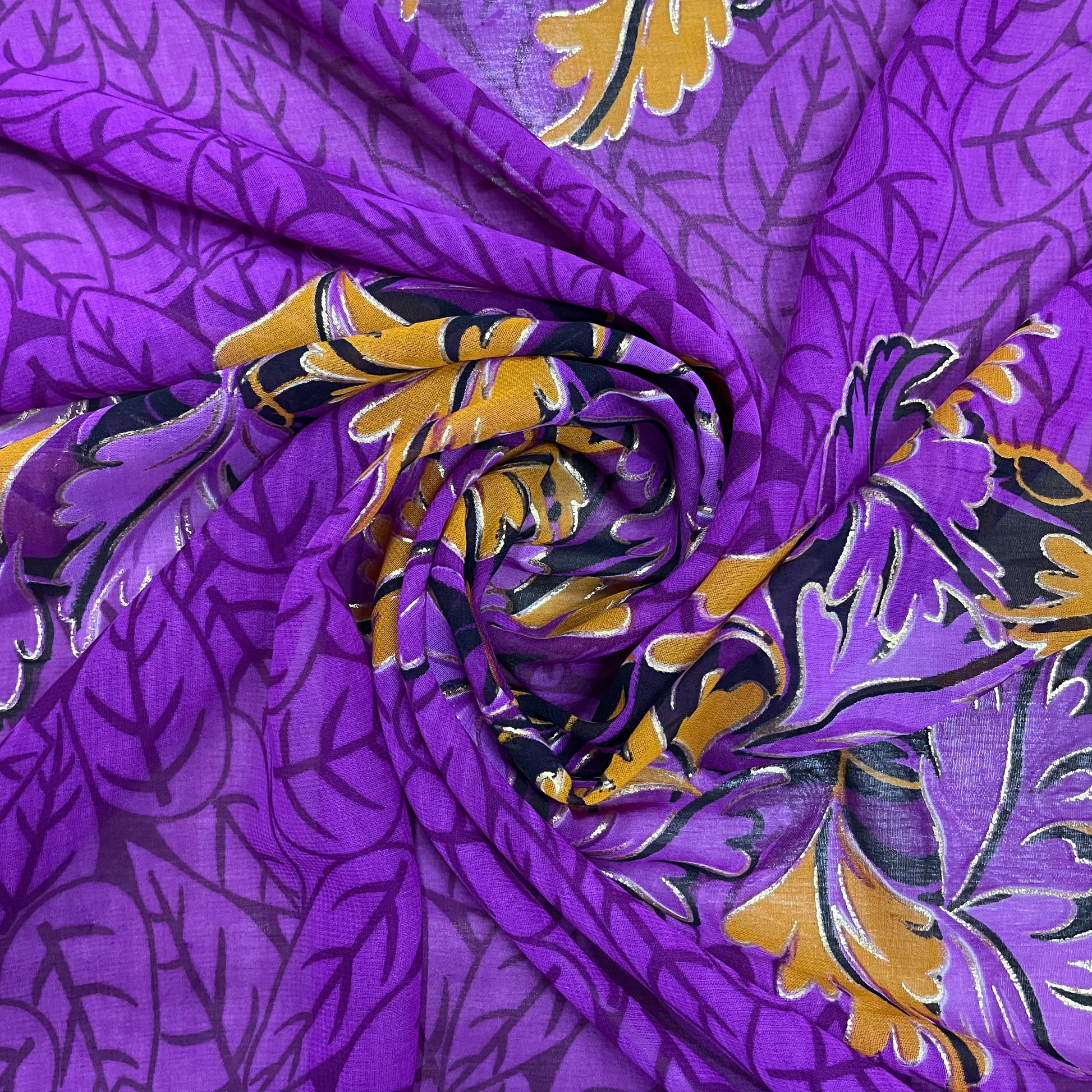 Purple With Yellow Floral Foil Print Georgette Fabric - TradeUNO