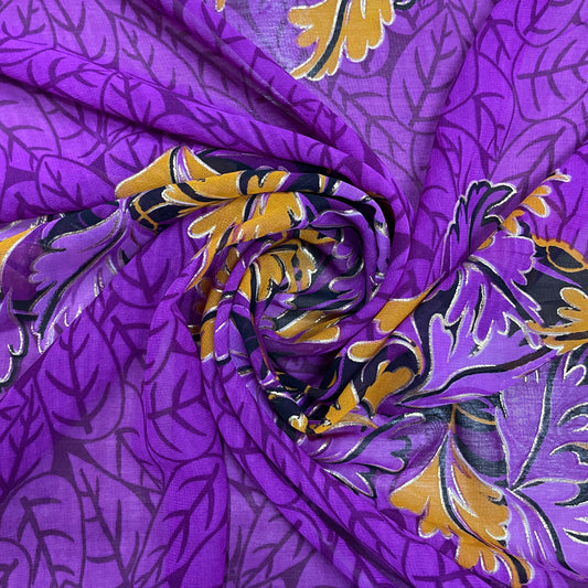 Purple With Yellow Floral Foil Print Georgette Fabric