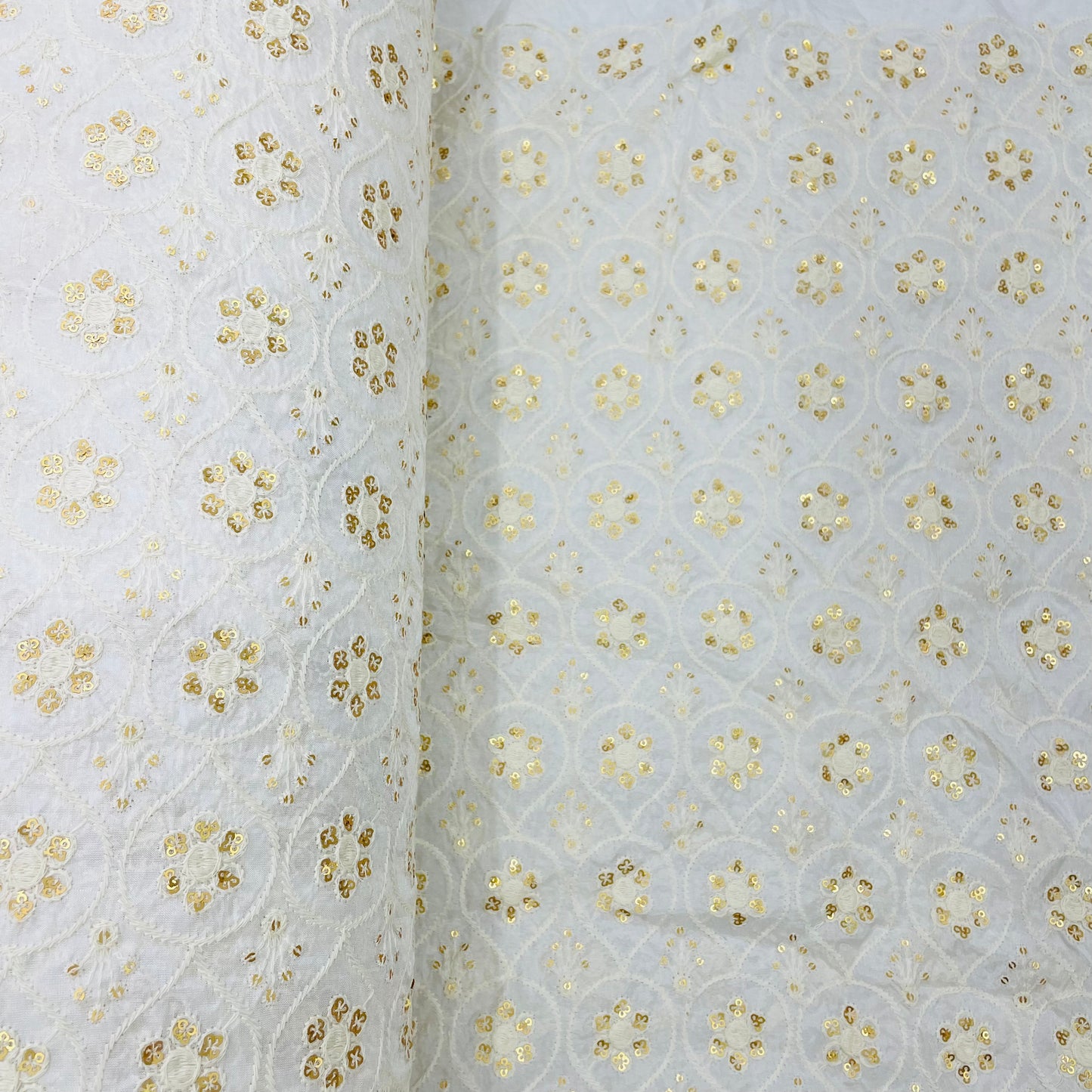 White With Golden Floral Embroidery With Sequence Dyeable Upada Silk Fabric - TradeUNO