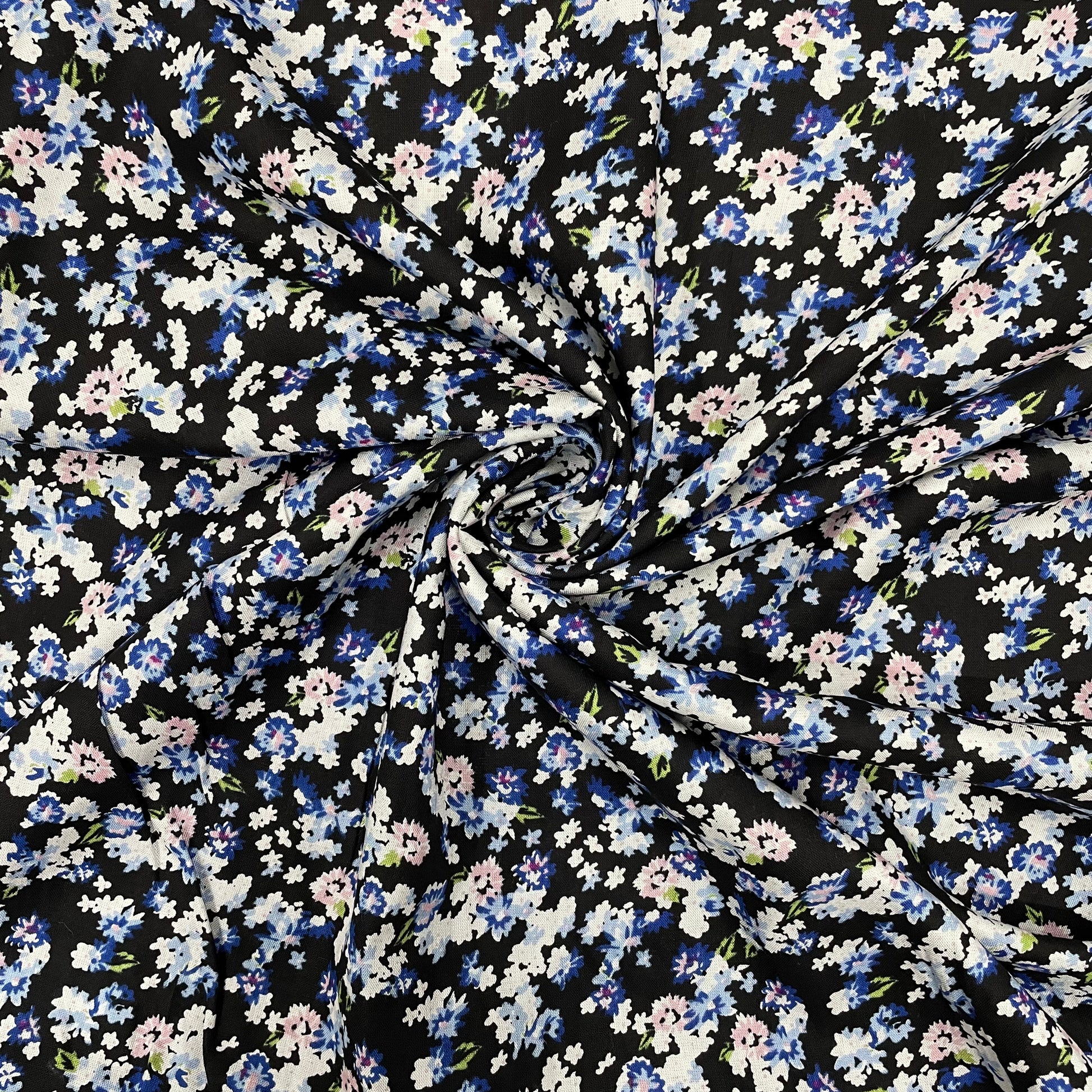 Black With Blue Floral Print Rayon Fabric - TradeUNO