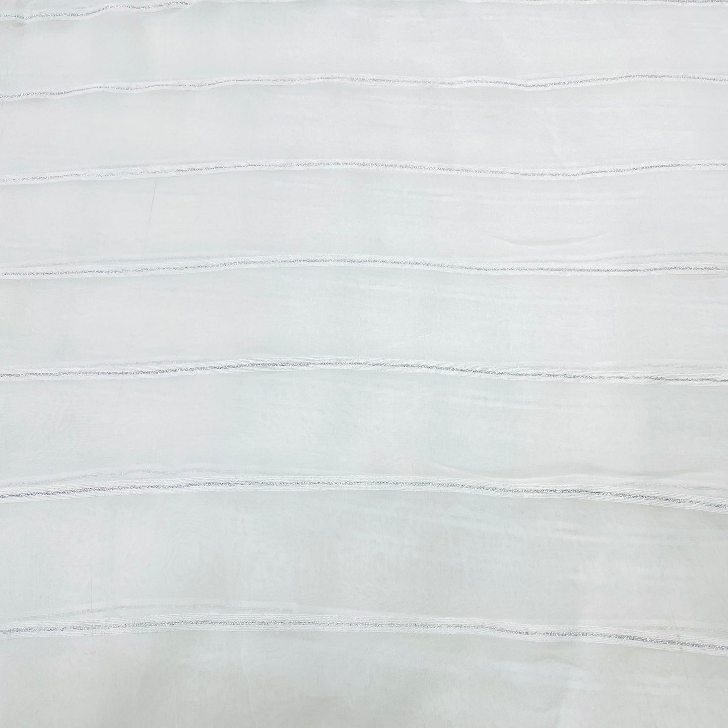 White with Silver Lurex Stripes Georgette Jacquard Dyeable Fabric