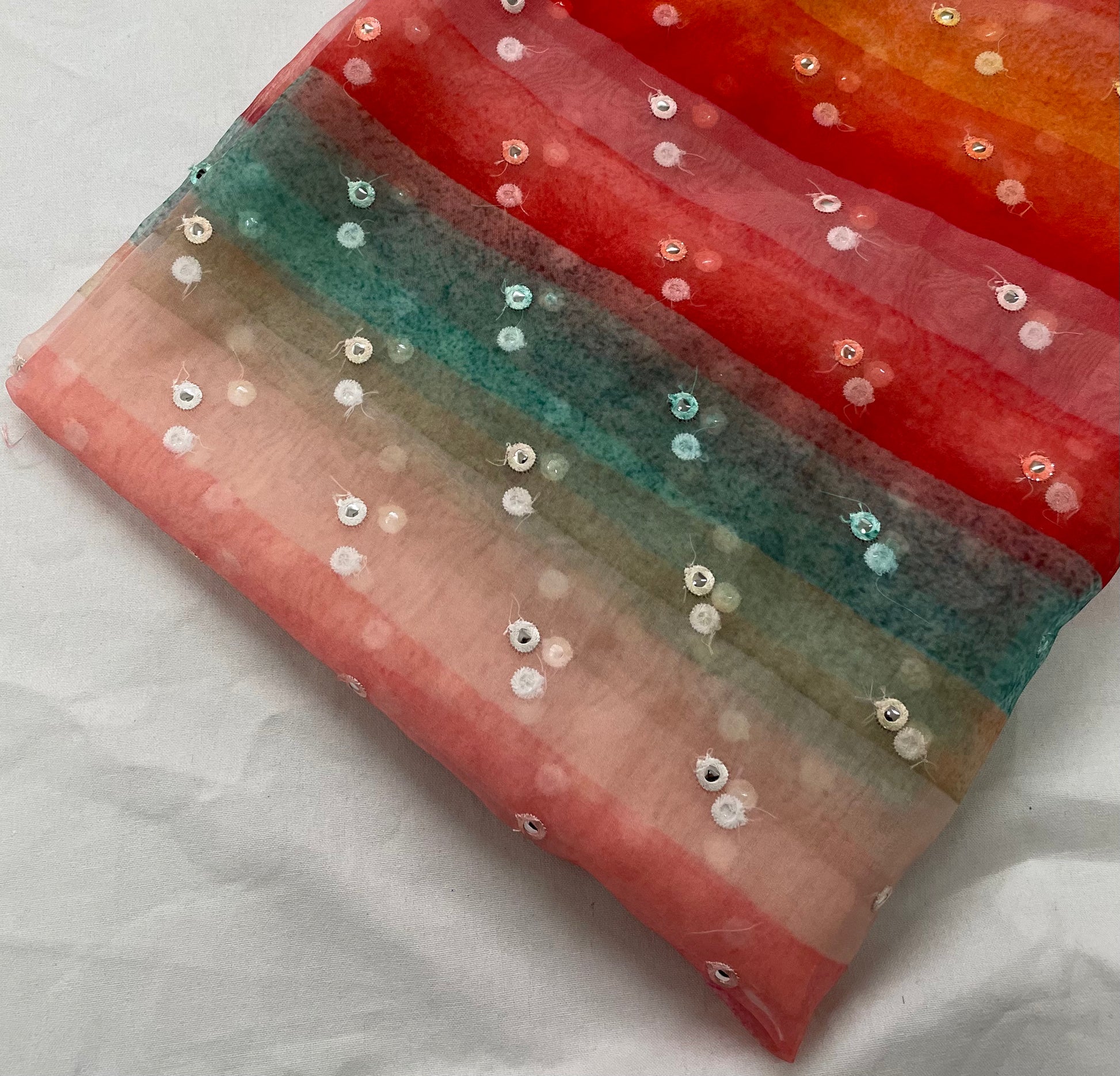 Multicolor Stripe Mirror Embroidery Organza Fabric - TradeUNO