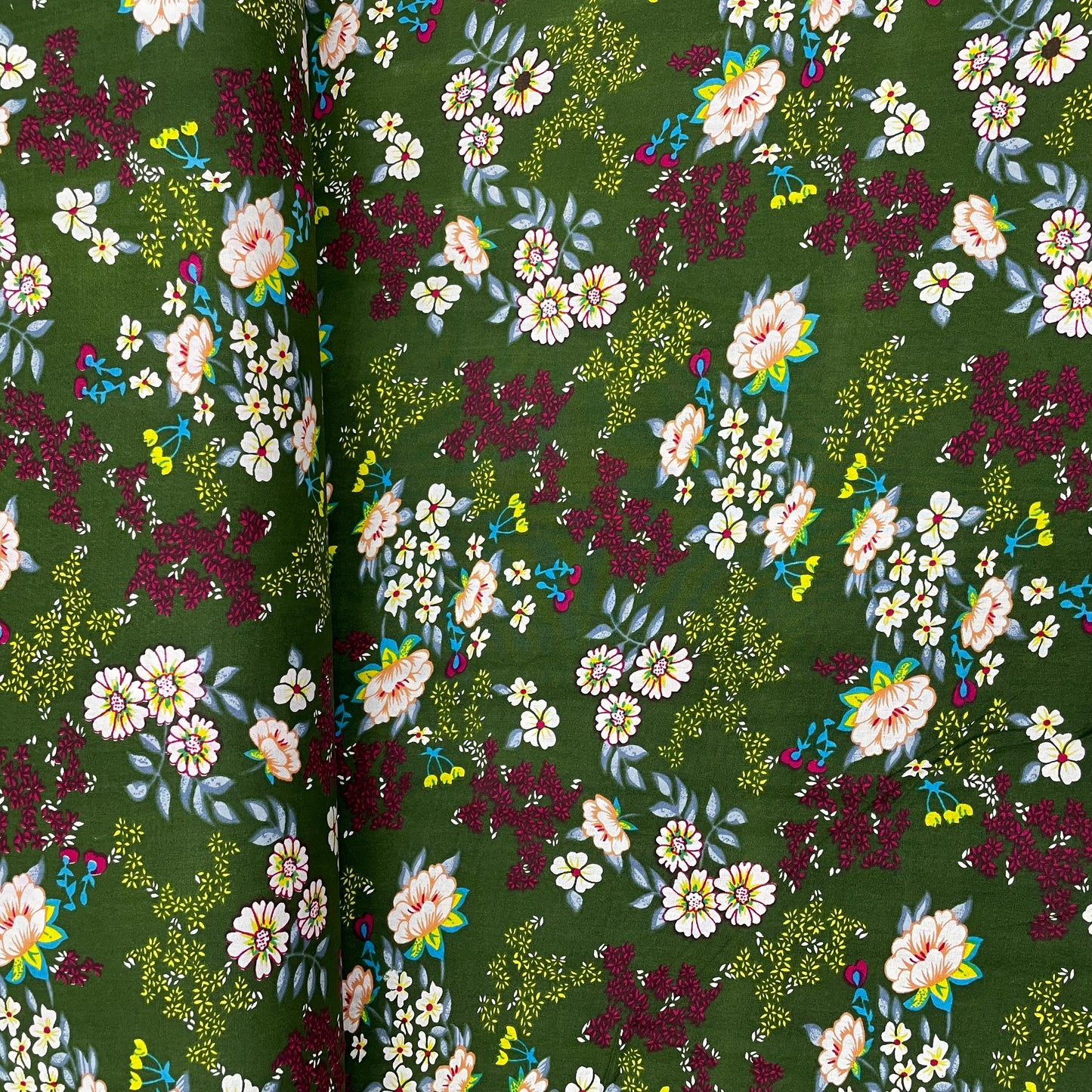 Green With White Floral Print Rayon Fabric - TradeUNO