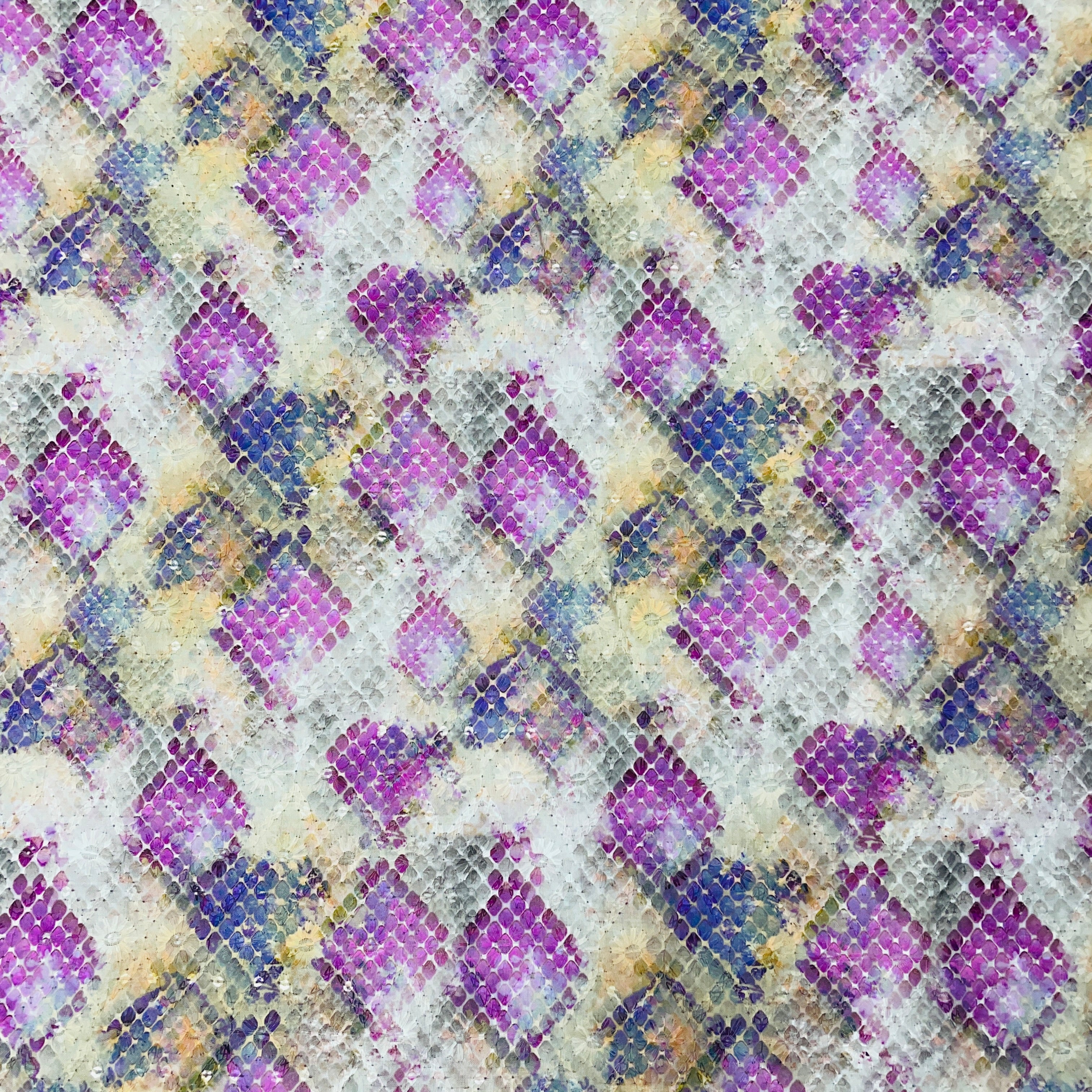 Grey & Multicolor Geometerical Print Sequins Embroidery Blended Cotton Fabric - TradeUNO