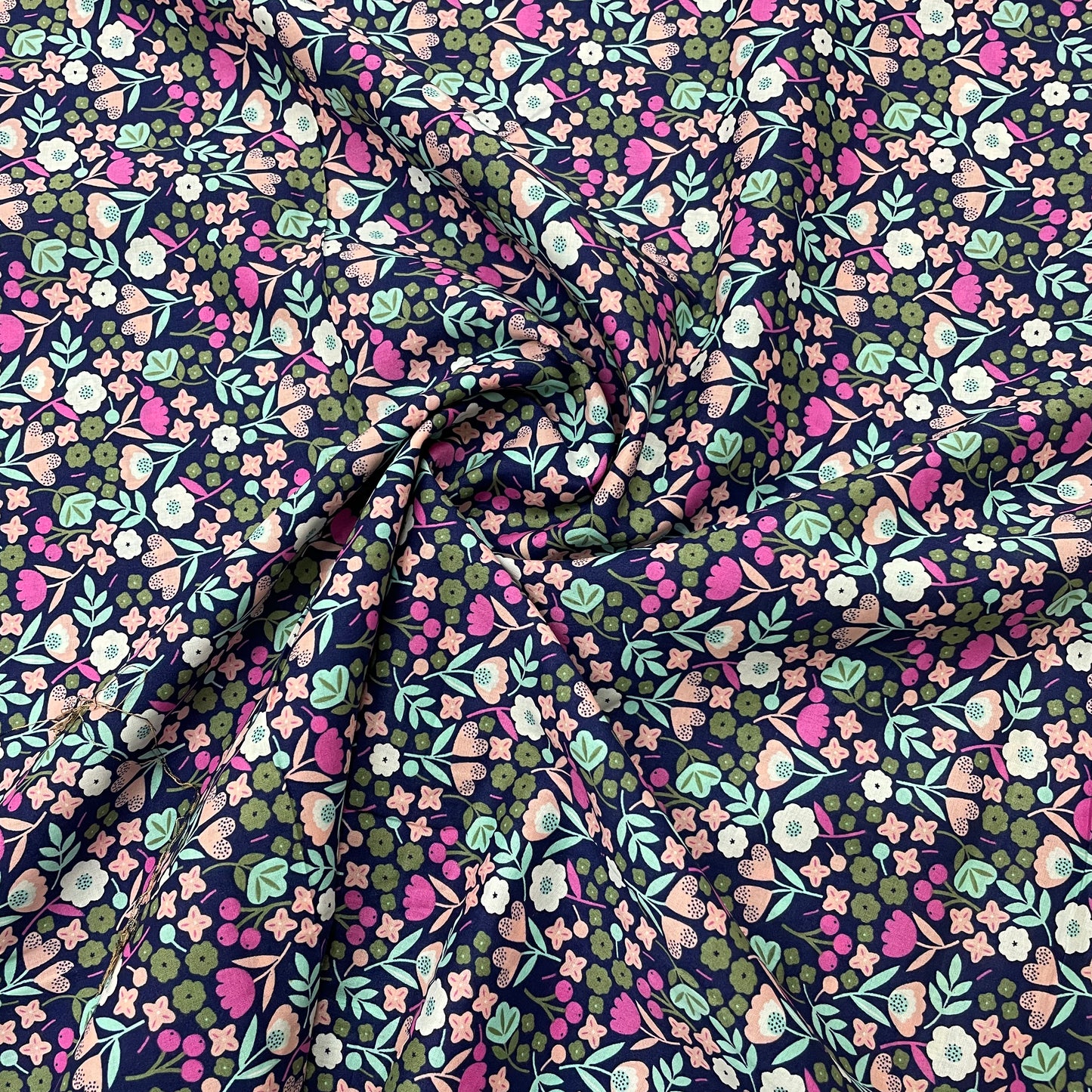 Dark Blue with Multicolor Floral Print Rayon Dobby Fabric - TradeUNO