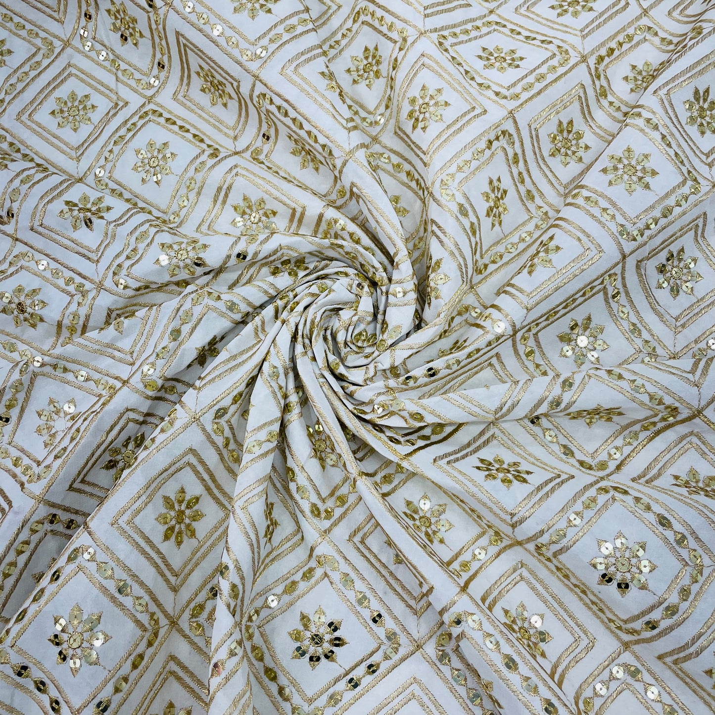 White with gold zari Embroidery Sequence Dyeable Georgette Fabric - TradeUNO