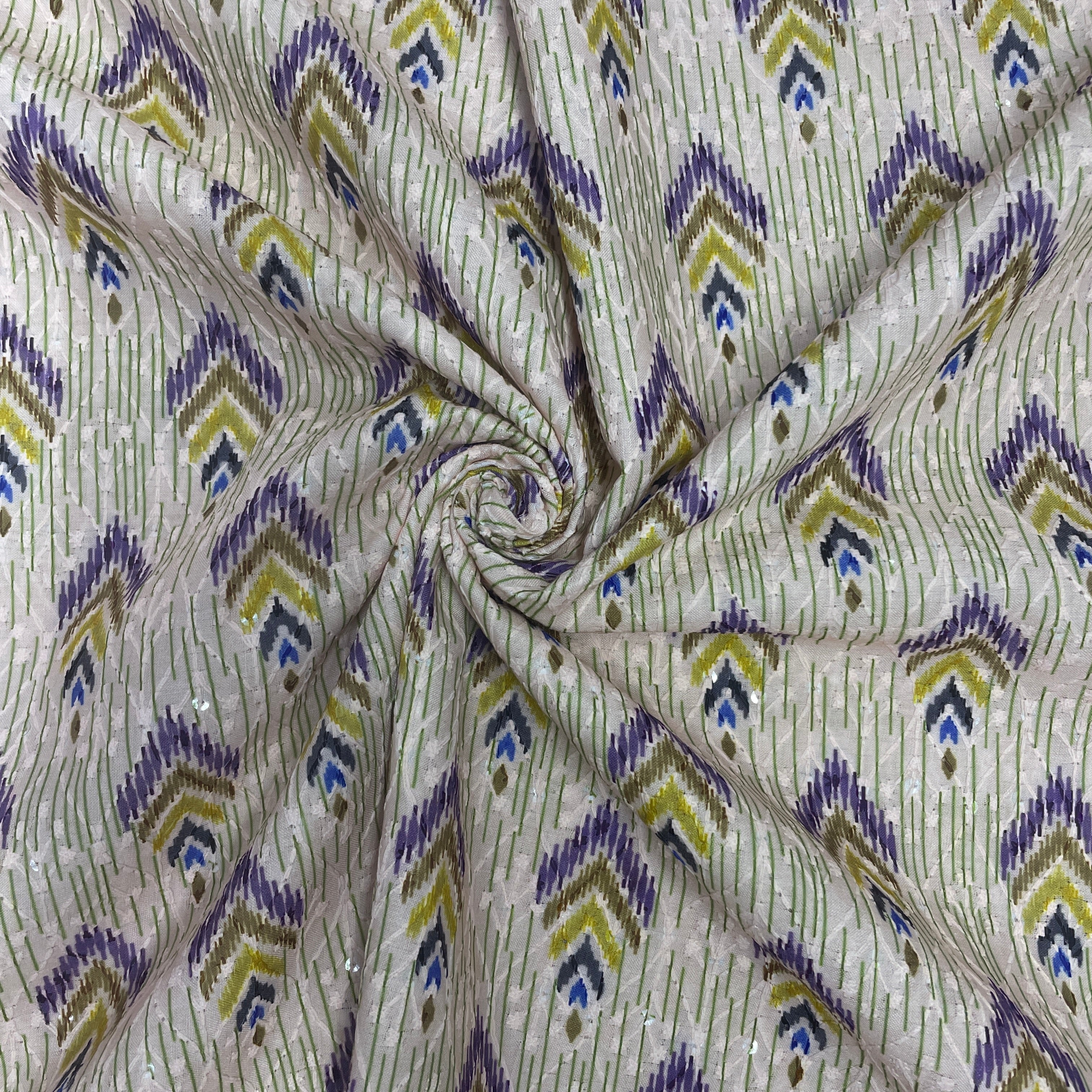 Cream With Multicolor Ikkat Print Sequins Embroidery Blended Cotton Fabric - TradeUNO