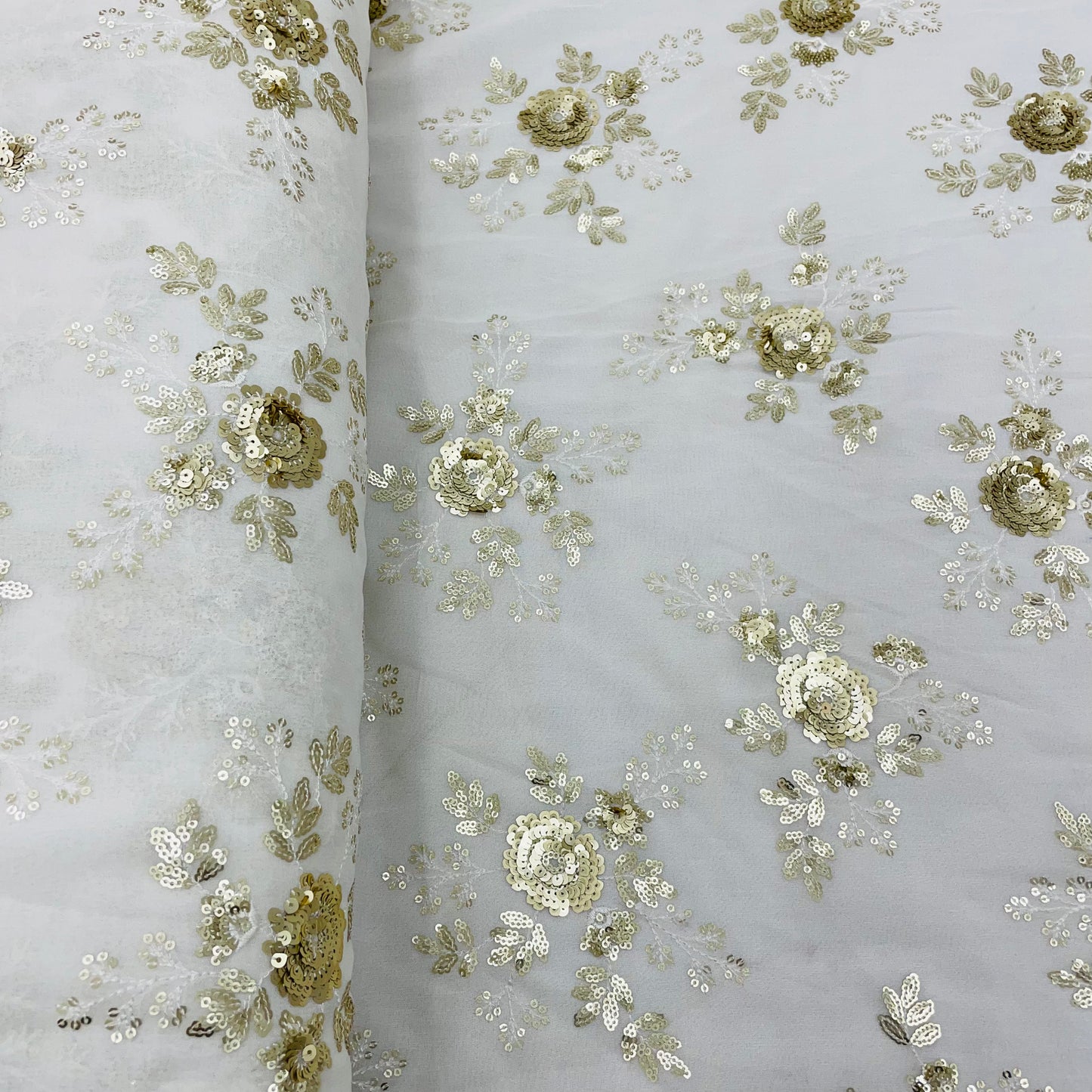 White with gold zari Floral Embroidery Sequence Dyeable Georgette Fabric - TradeUNO