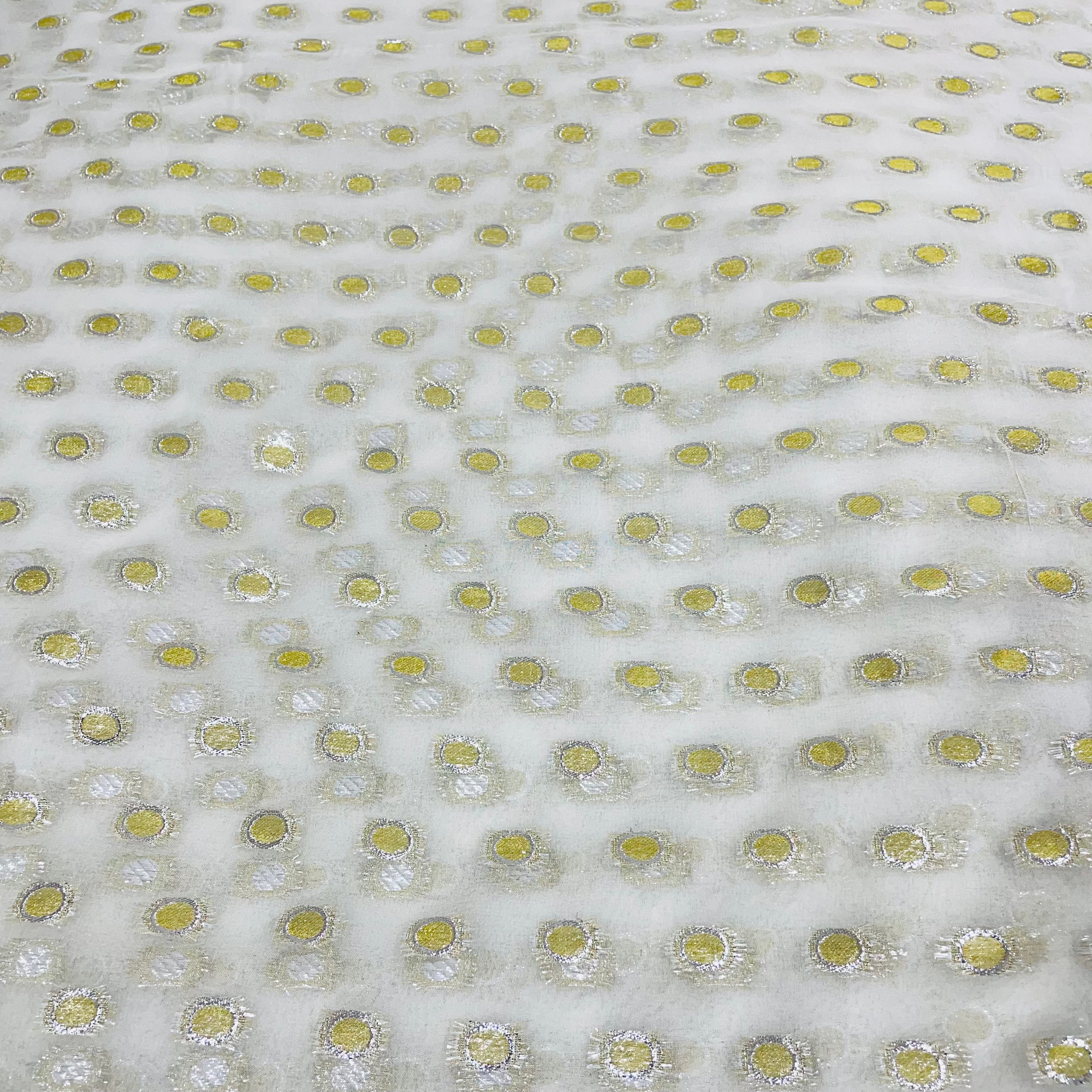 White with Golden and Silver Lurex Geometrical Georgette Jacquard Dyeable Fabric