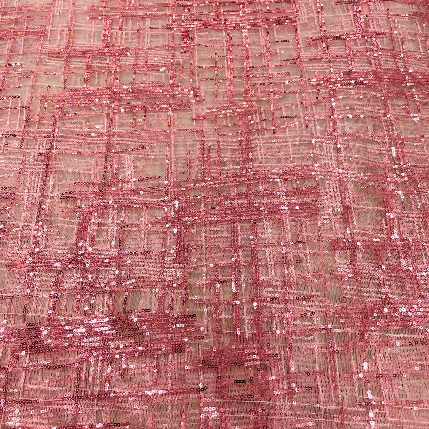 Pink Checks Sequence Embroidery Net Fabric