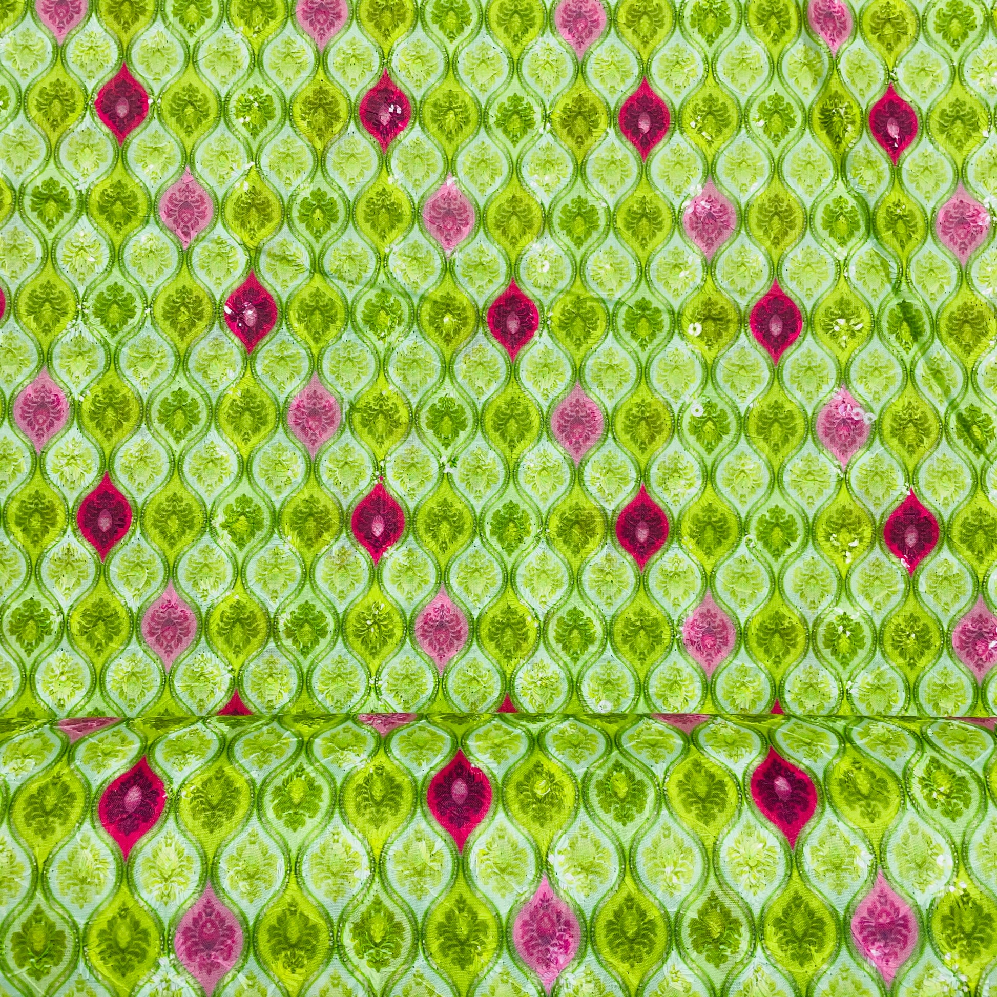 Green With Mutlicolor Cotton Embroidery Fabric - TradeUNO