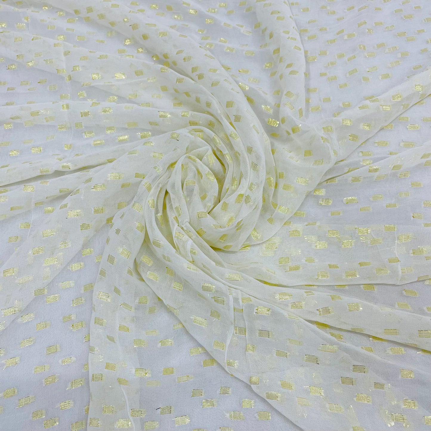 White with Golden Lurex Geometrical Georgette Jacquard Dyeable Fabric