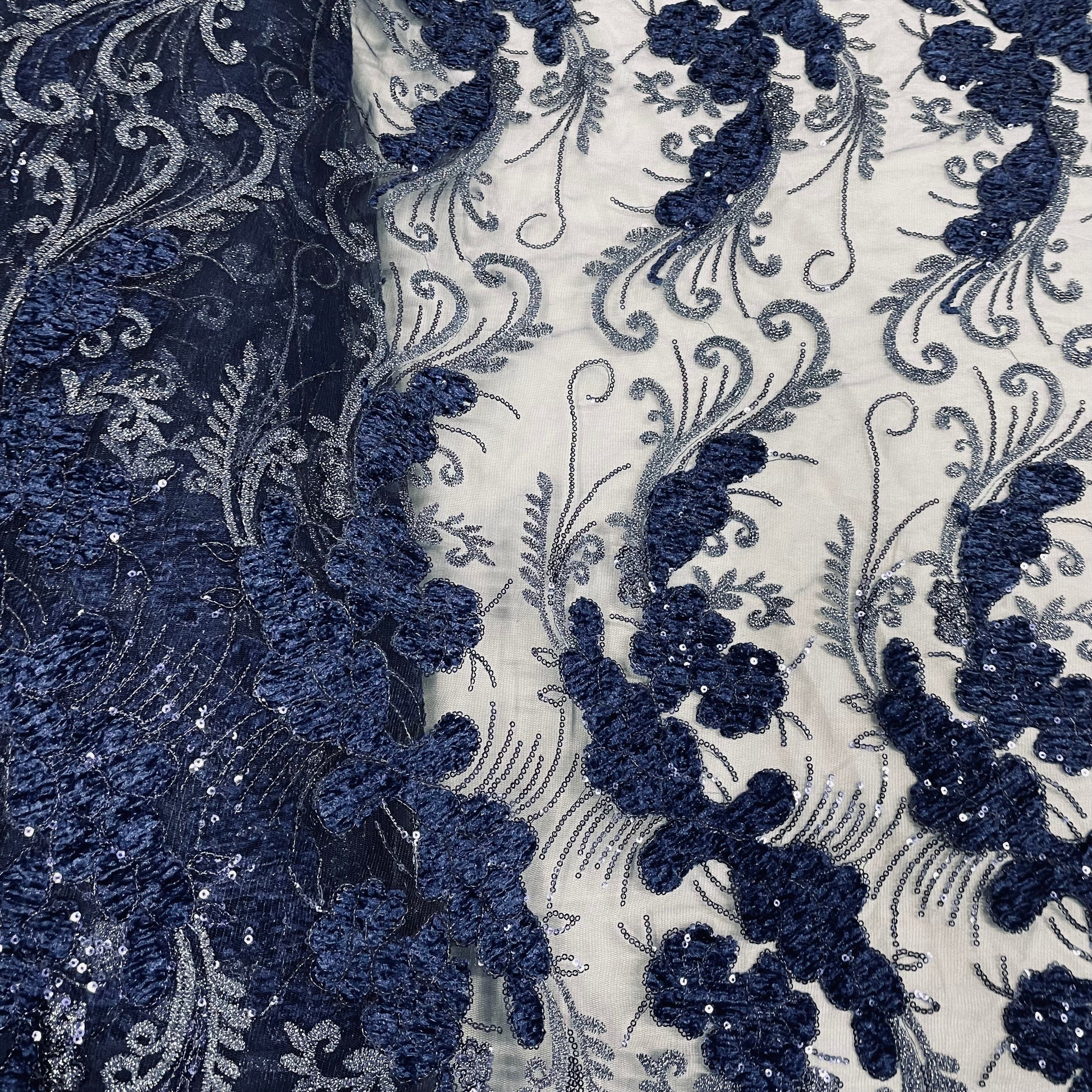 Dark Blue Floral Embroidery Sequence Net Lycra Fabric - TradeUNO