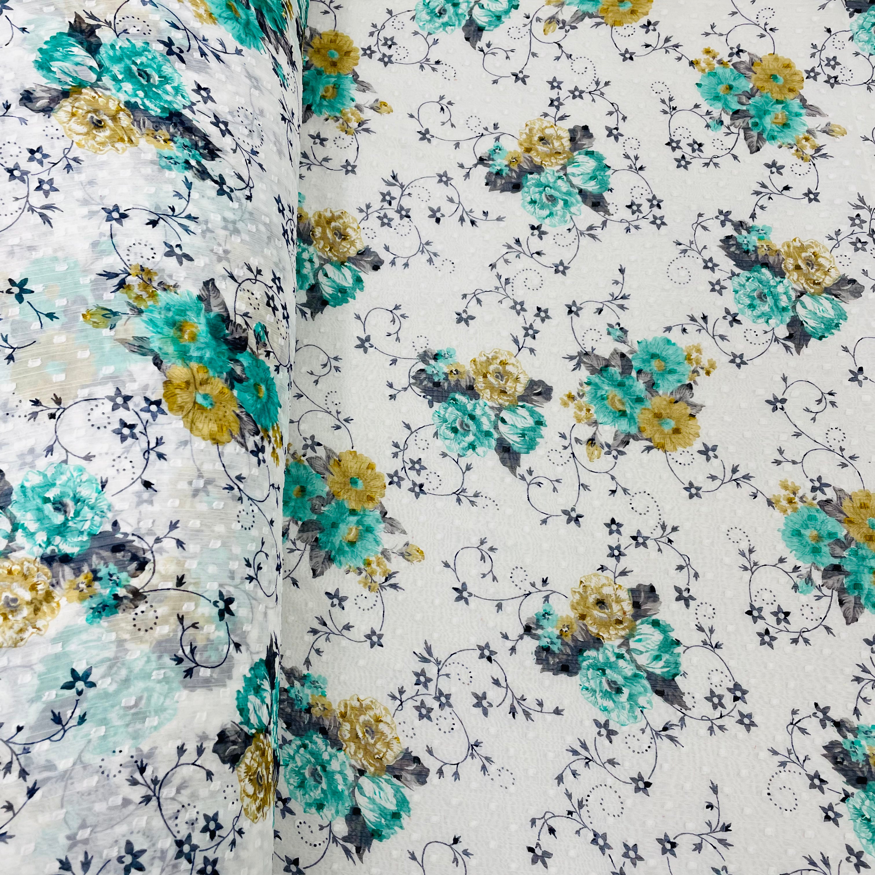 White with Green Floral Chiffon Dobby Fabric - TradeUNO