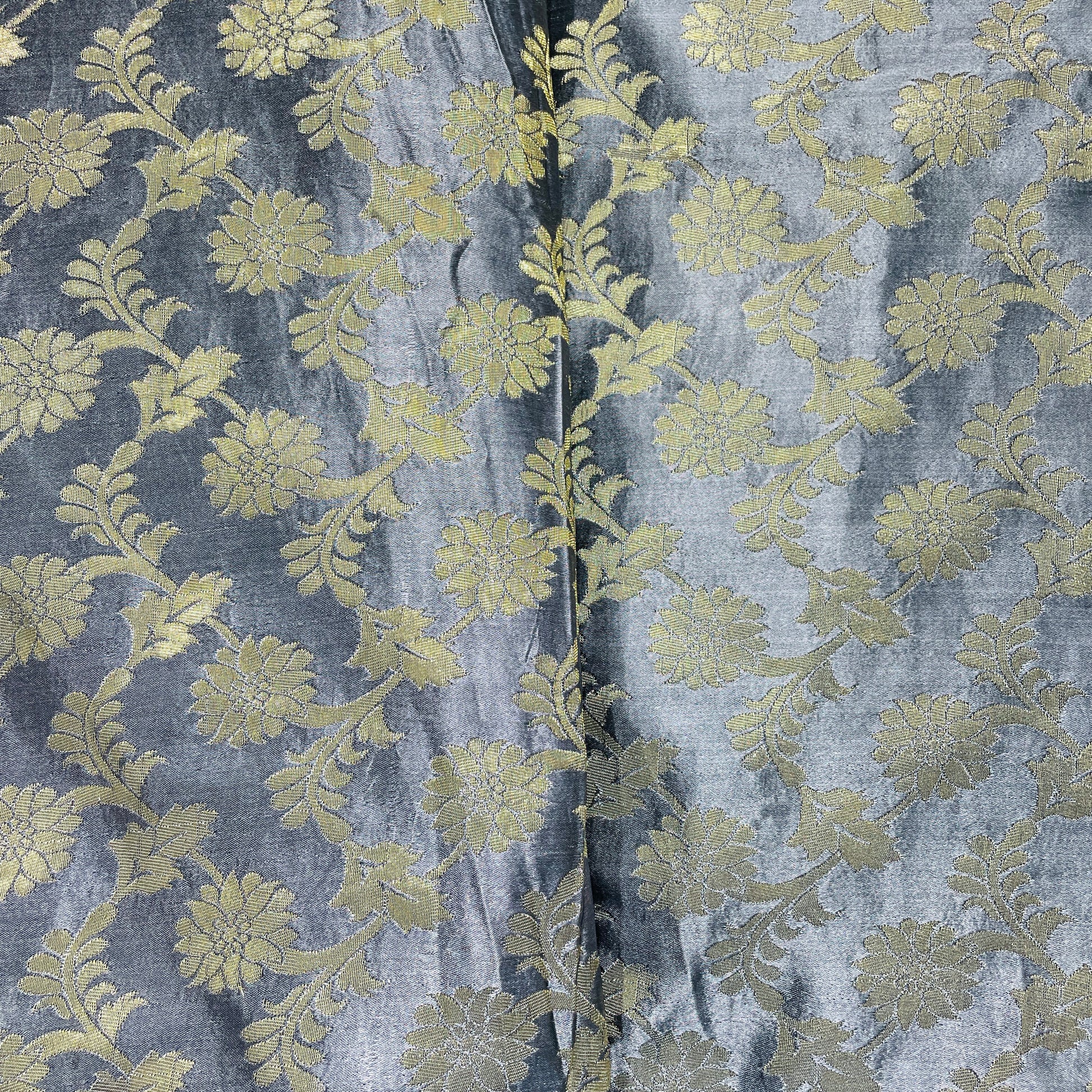 Grey With Gold Zari Floral Print Banarasi Brocade Fabric - TradeUNO