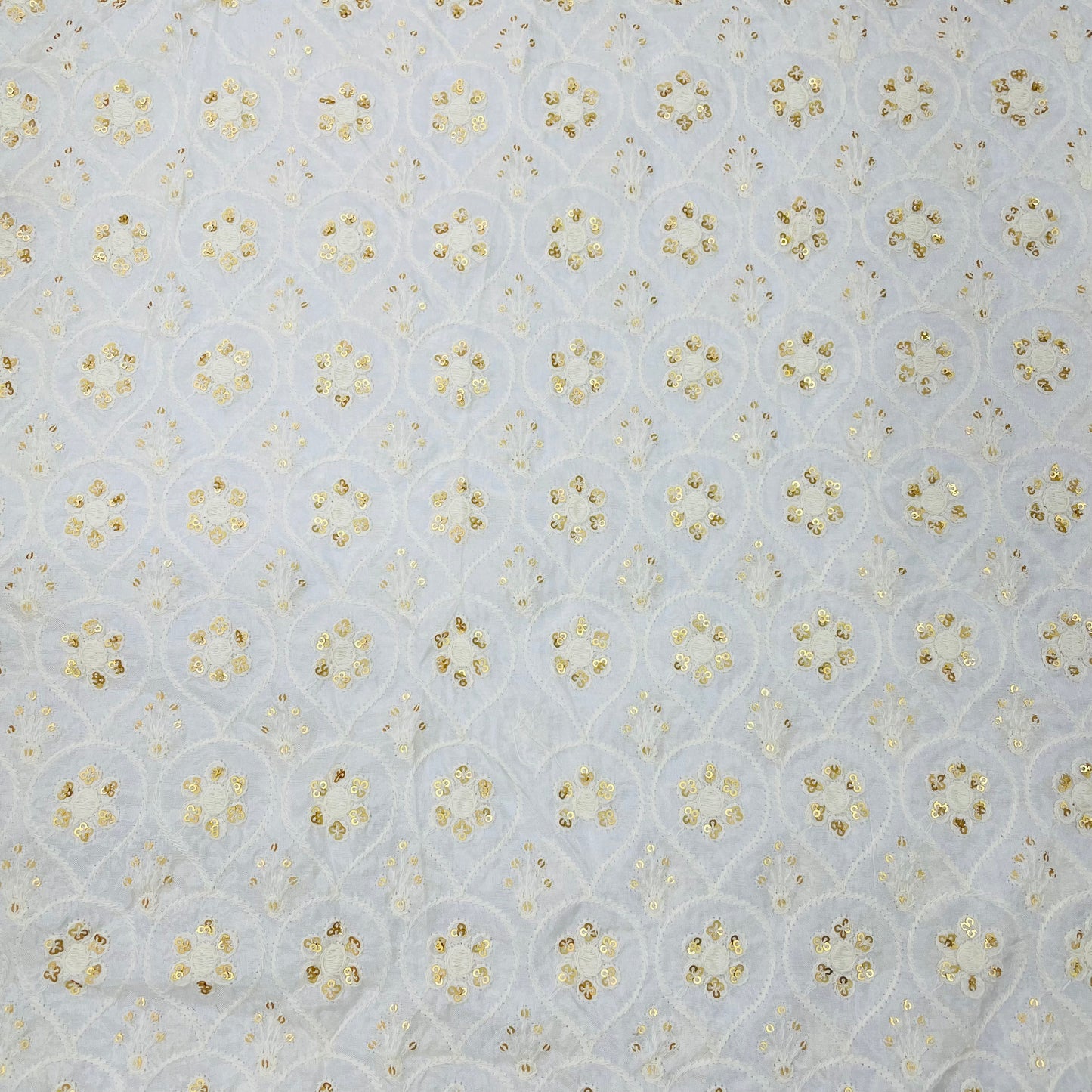 White With Golden Floral Embroidery With Sequence Dyeable Upada Silk Fabric - TradeUNO