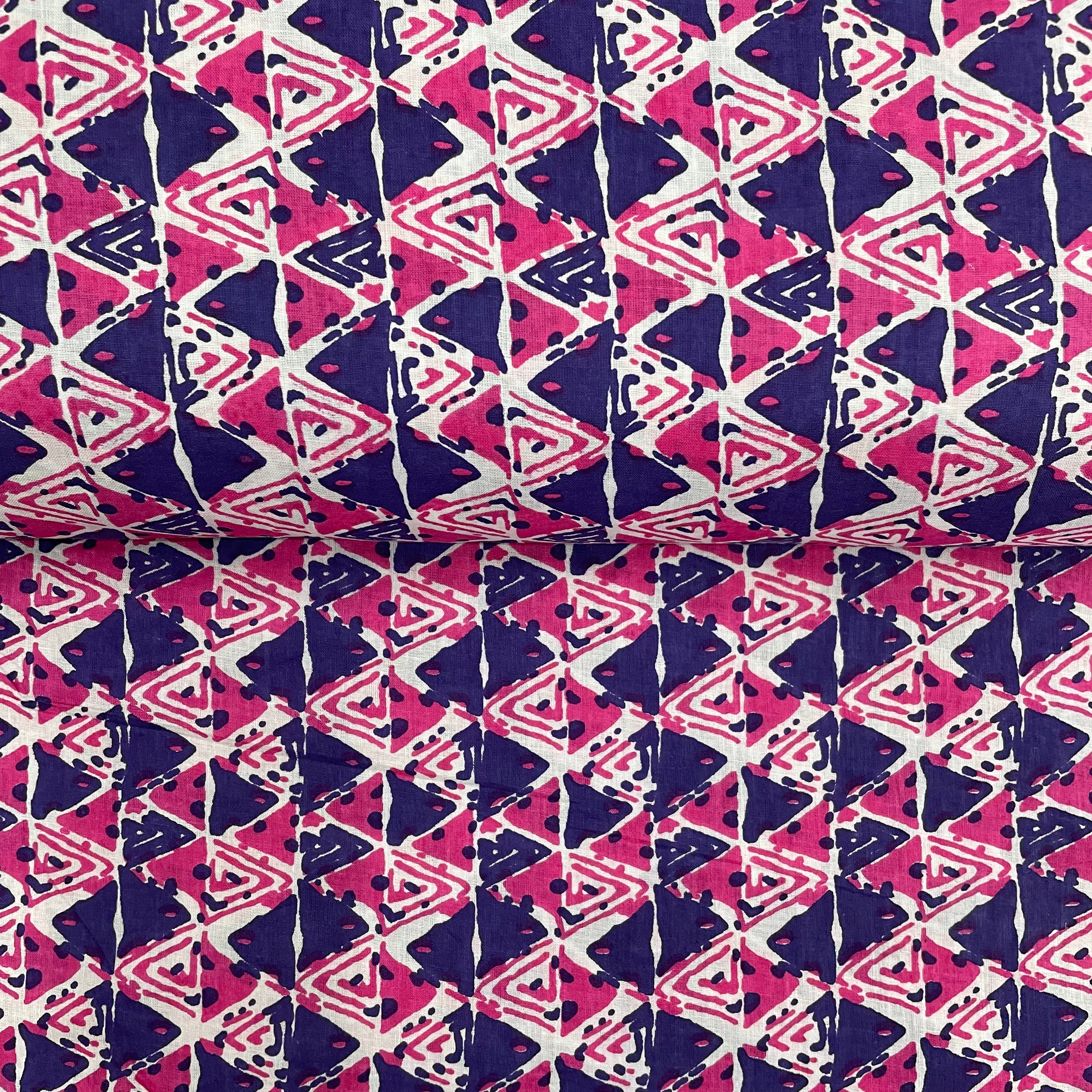 Blue With Pink Geometrical Print Cotton Fabric - TradeUNO