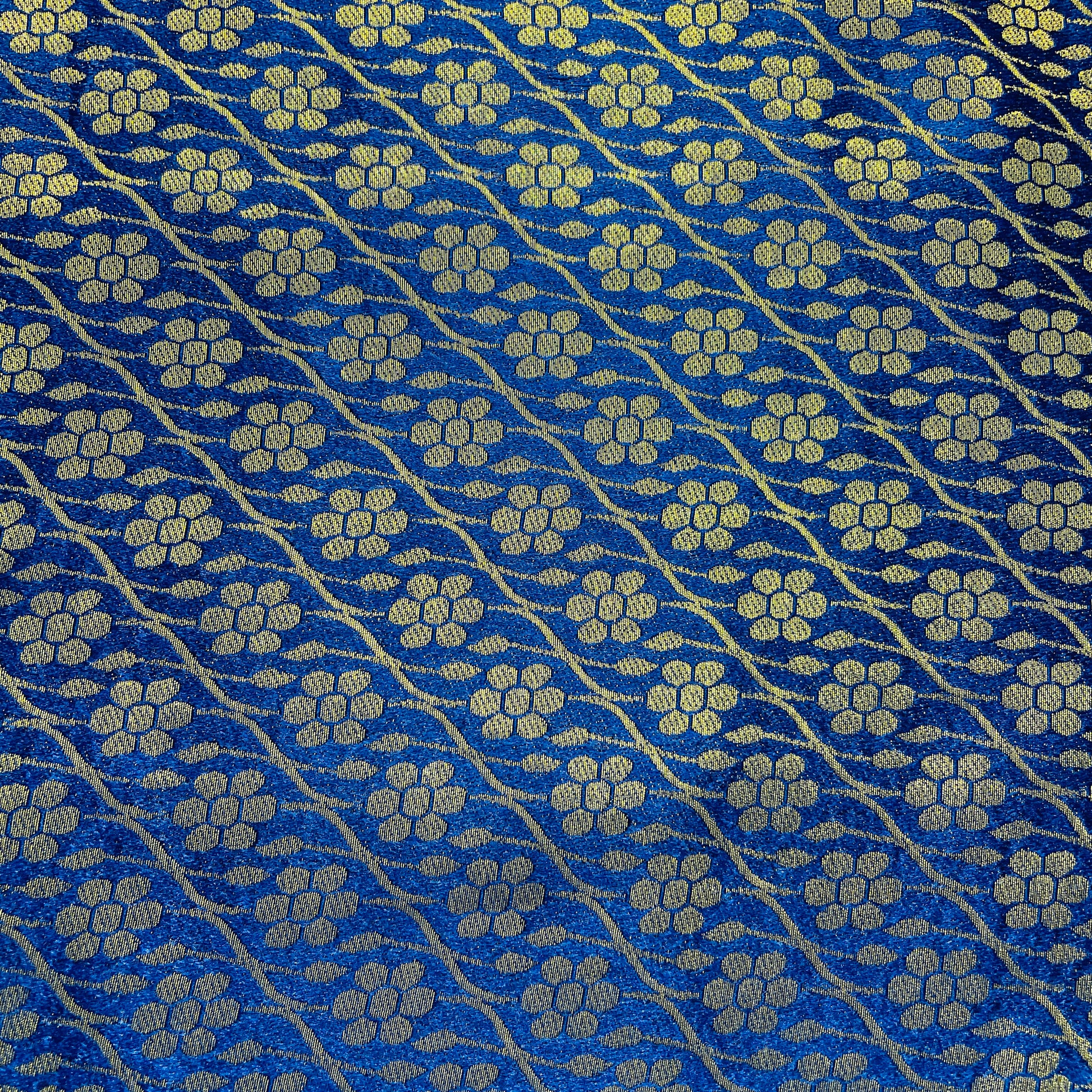 Navy Blue with Gold Zari Floral Banarasi Brocade Fabric - TradeUNO