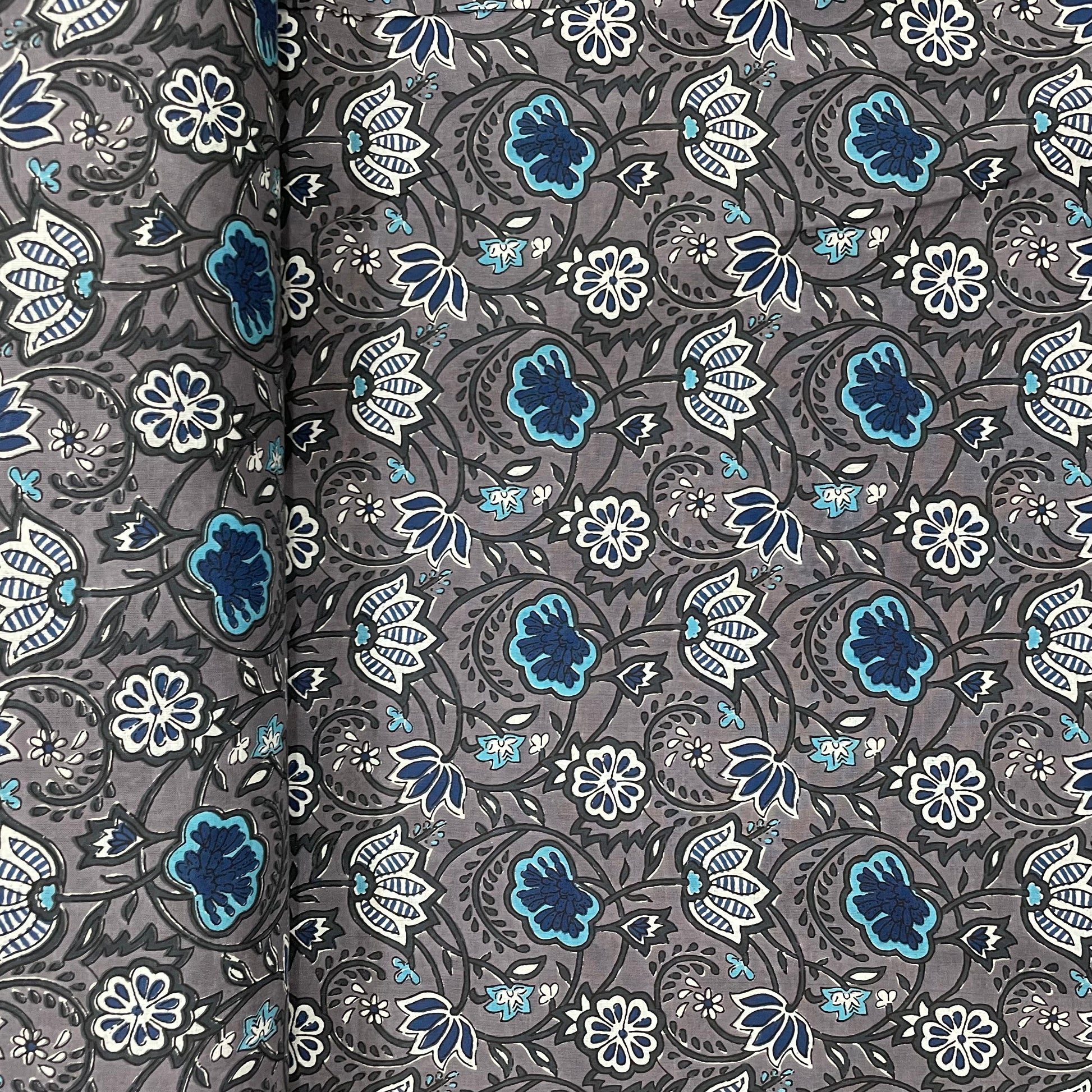 Grey With Blue Floral Print Cotton Fabric - TradeUNO