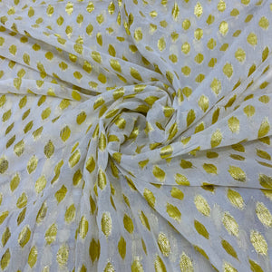 White with Golden Lurex Floral Print Georgette Jacquard Dyeable Fabric