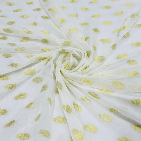 White with Golden Lurex Paisley Print Georgette Jacquard Dyeable Fabric