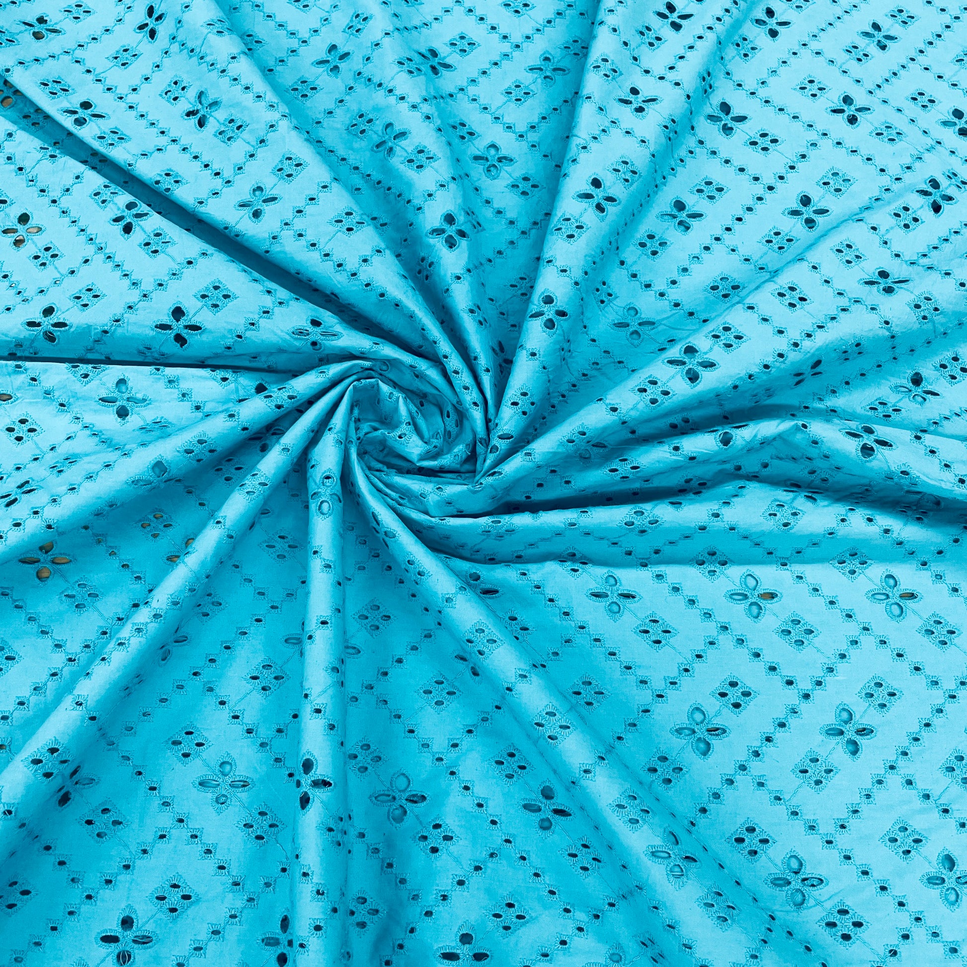 Sky Blue Schiffli Embroidery Cotton Fabric
