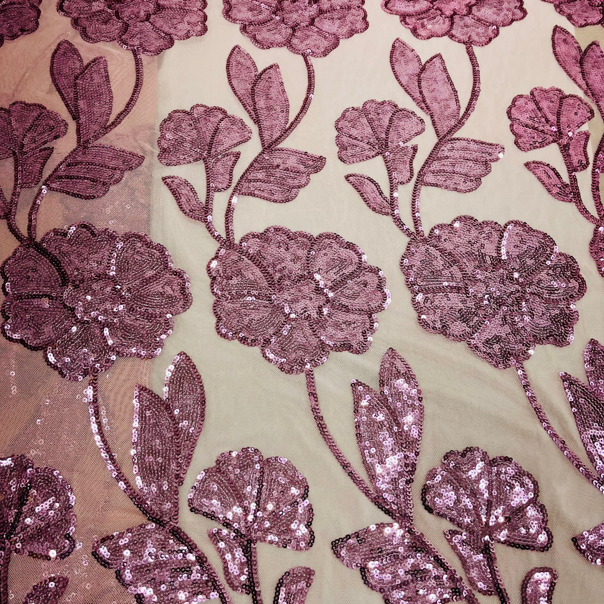 Light Pink Floral Sequence Embroidery Net Lycra Fabric - TradeUNO