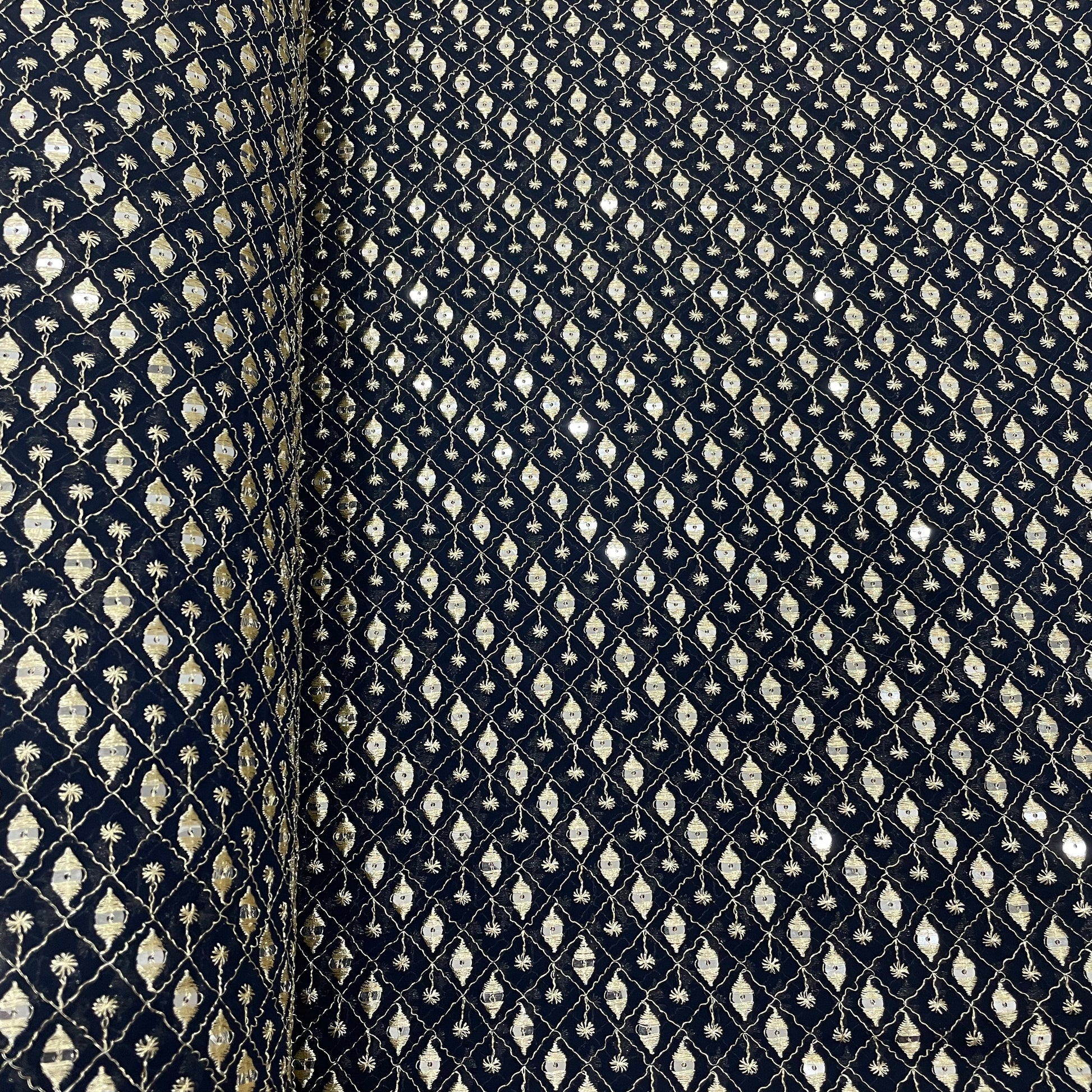 Navy Blue Check Embroidery Sequence Georgette Fabric - TradeUNO