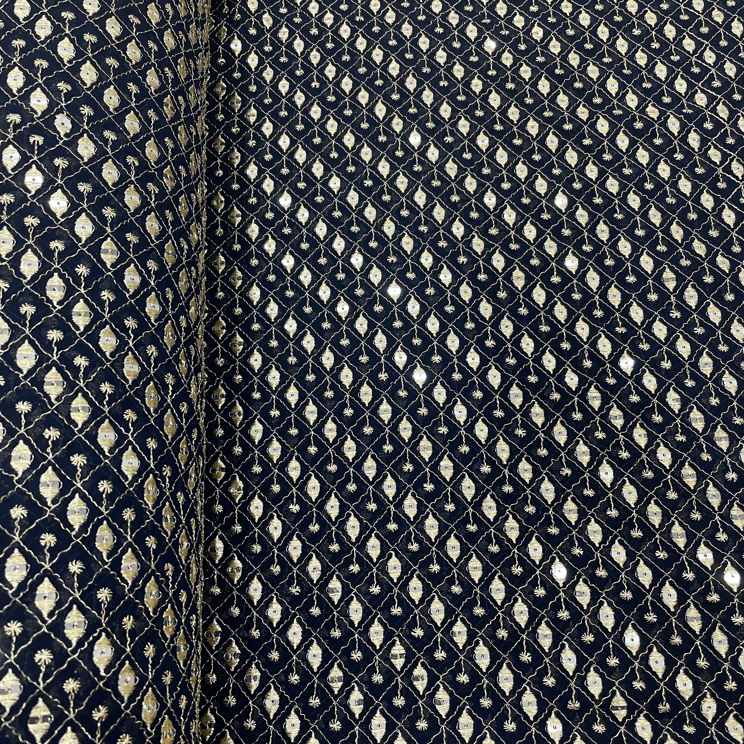 Navy Blue Check Embroidery Sequence Georgette Fabric - TradeUNO