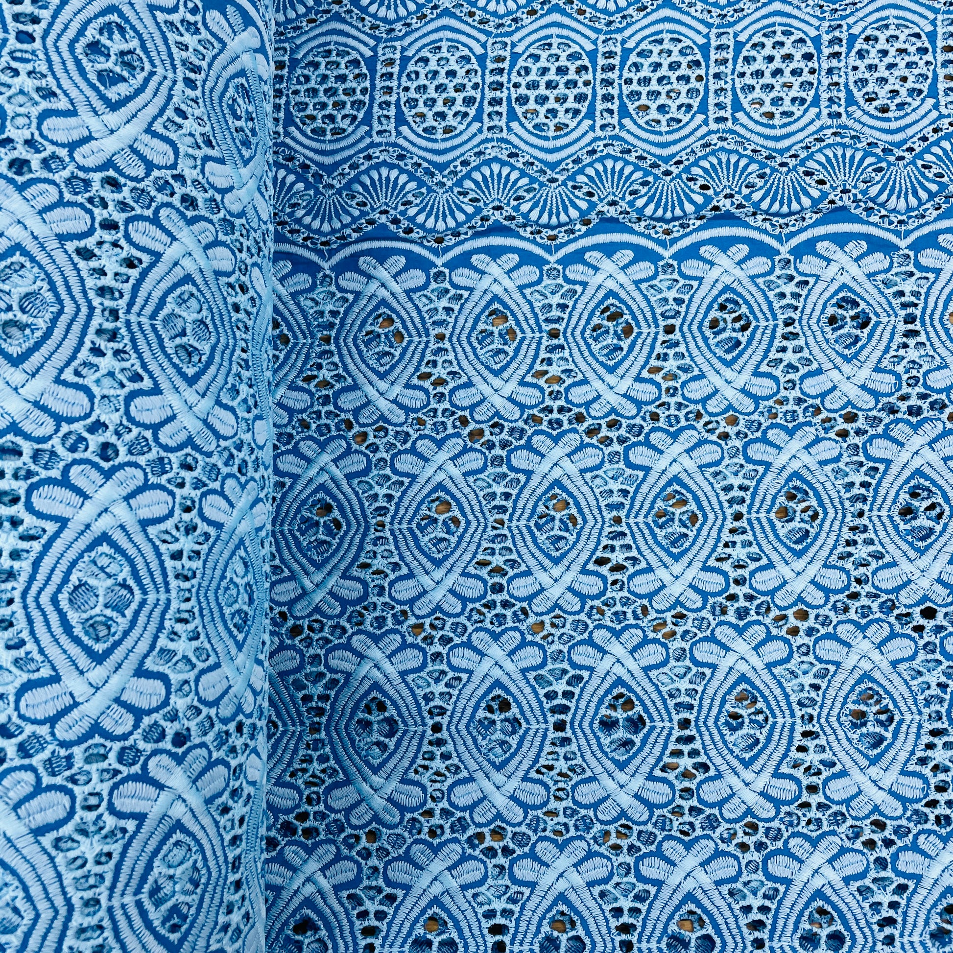 Blue Schiffli Embroidery Cotton Fabric