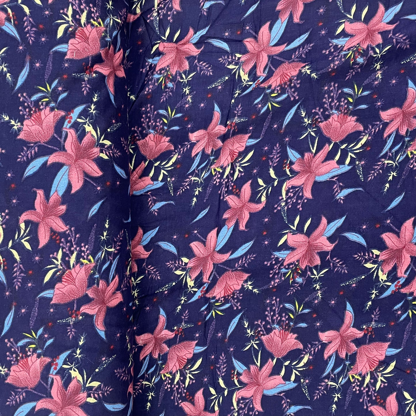 Dark Blue With Pink Floral Print Rayon Fabric - TradeUNO