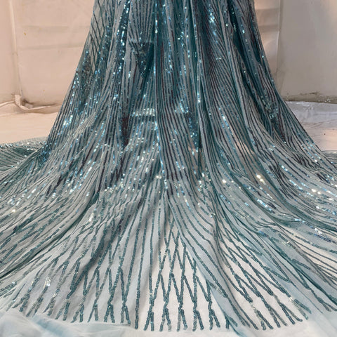 Blue Sequence Embroidery Net Lycra Fabric - TradeUNO