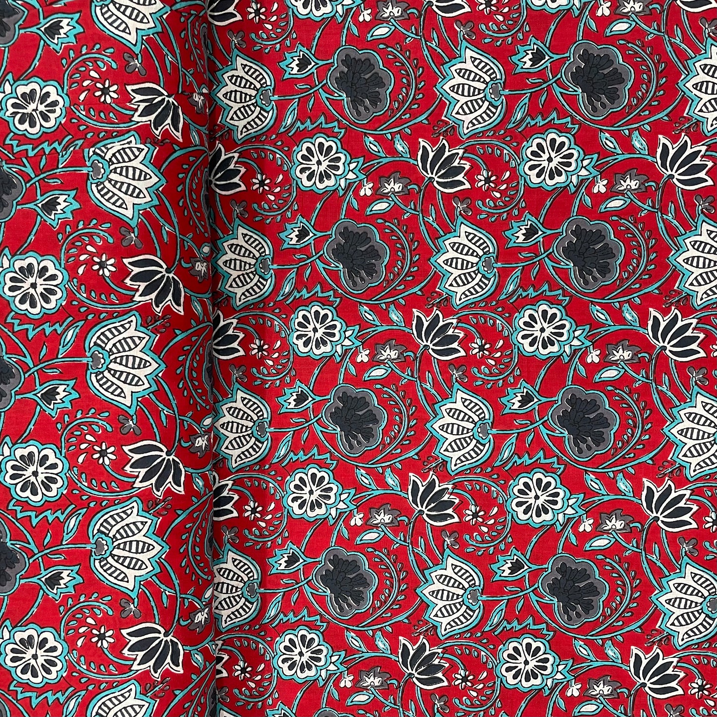 Red With Blue Floral Print Cotton Fabric - TradeUNO