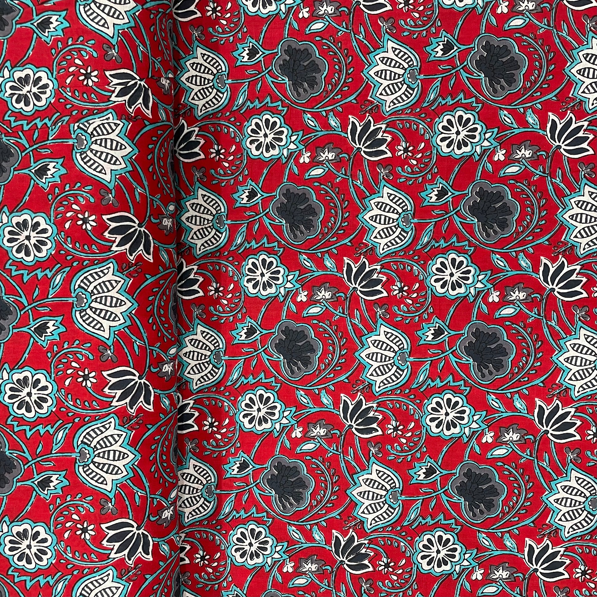 Red With Blue Floral Print Cotton Fabric - TradeUNO