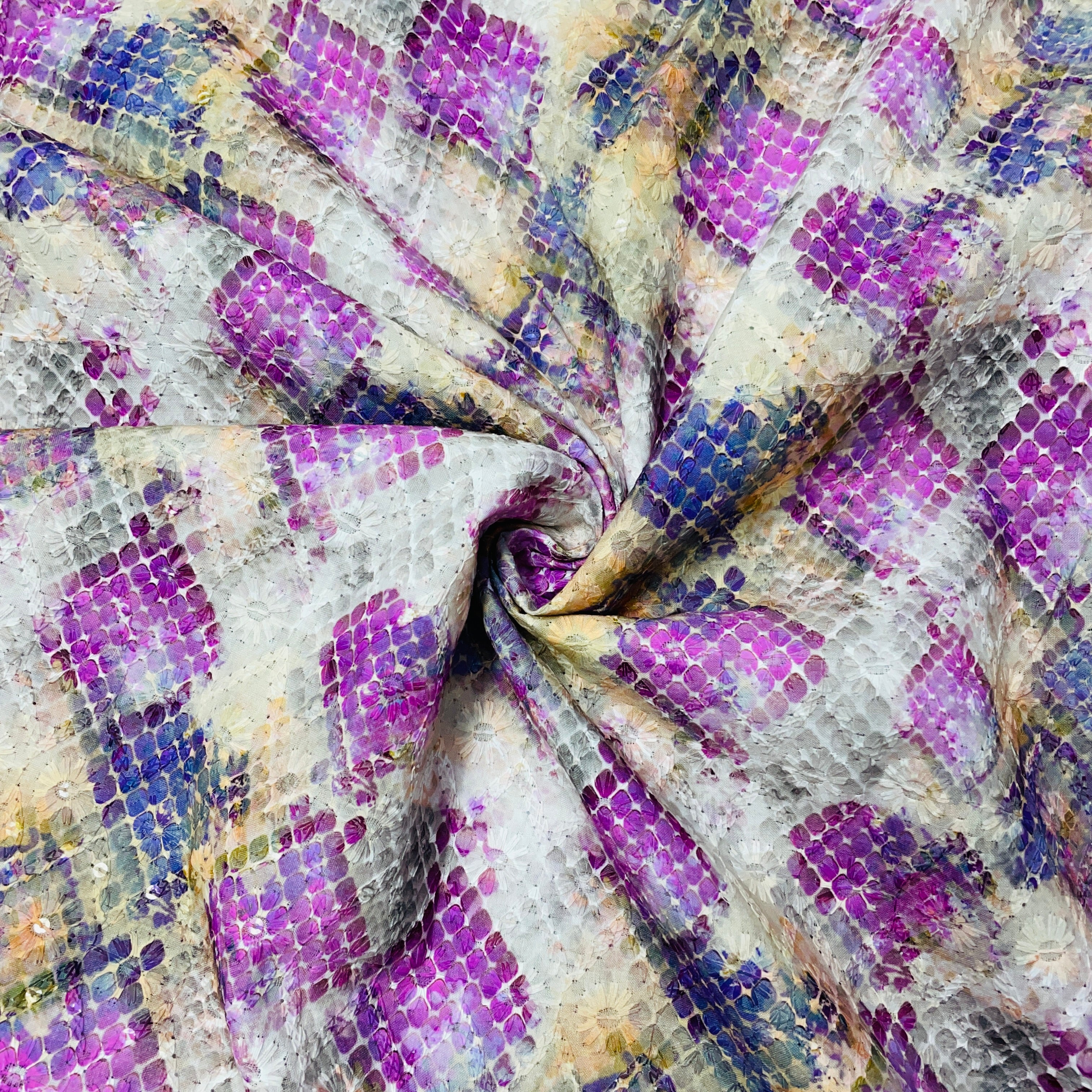 Grey & Multicolor Geometerical Print Sequins Embroidery Blended Cotton Fabric - TradeUNO