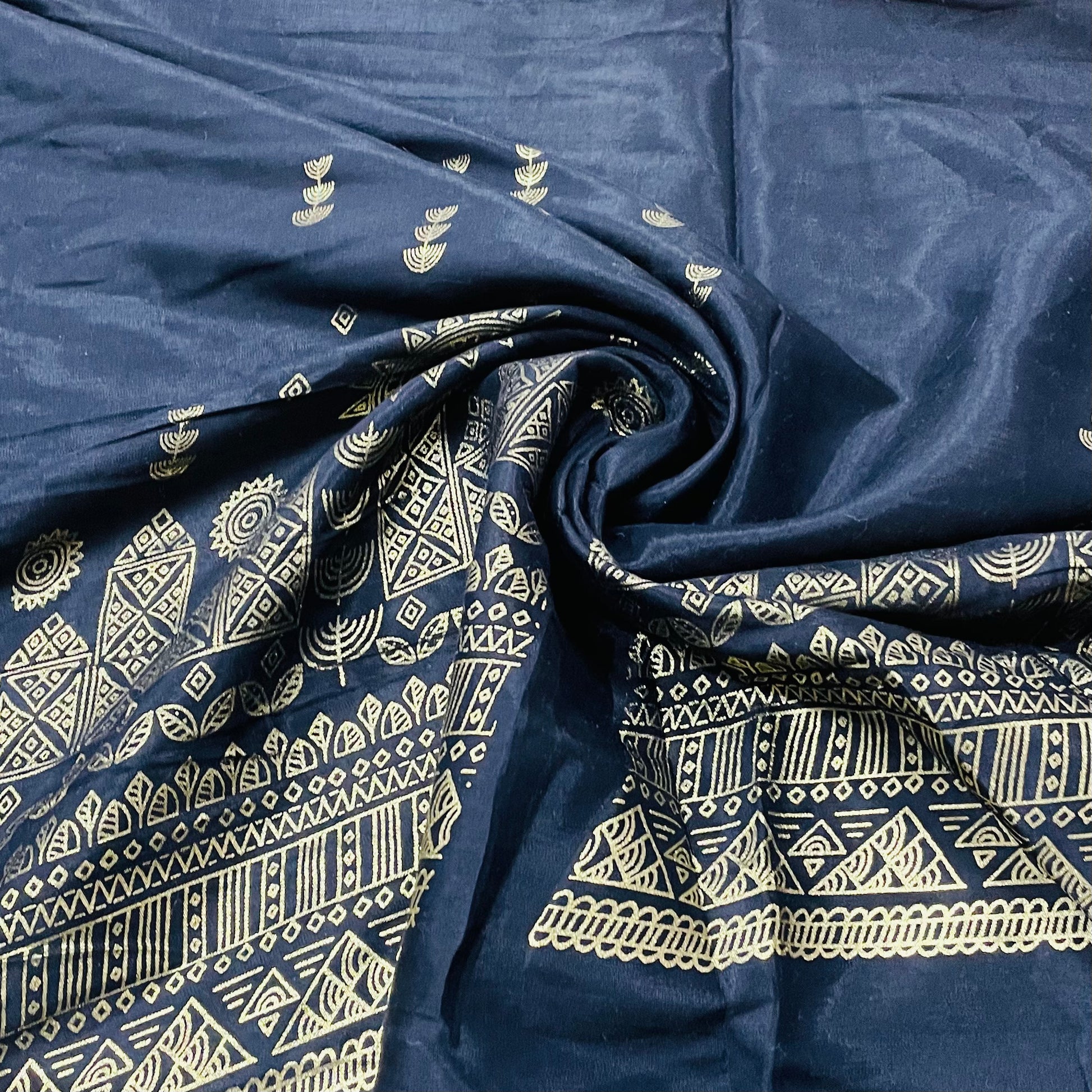 Black With Gold Traditional Print Santoon Fabric - TradeUNO